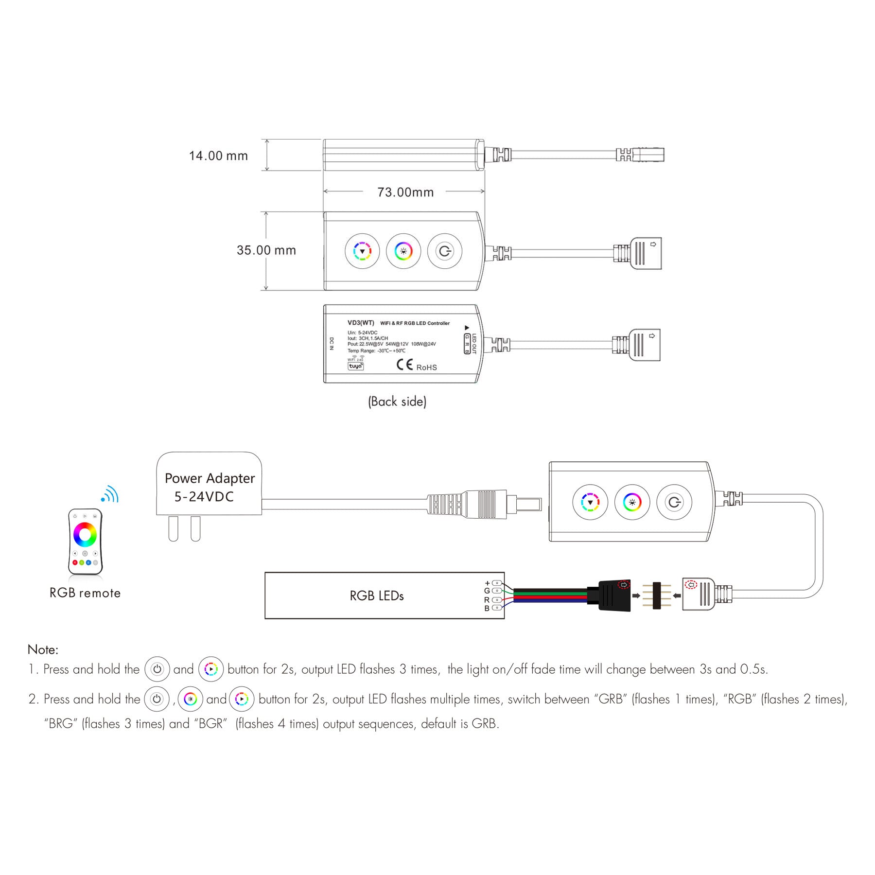  LED 5-24V DC RGB Wifi Controller Tuya APP 3CH*1.5A 2.4GHz RF VD3(WT)
