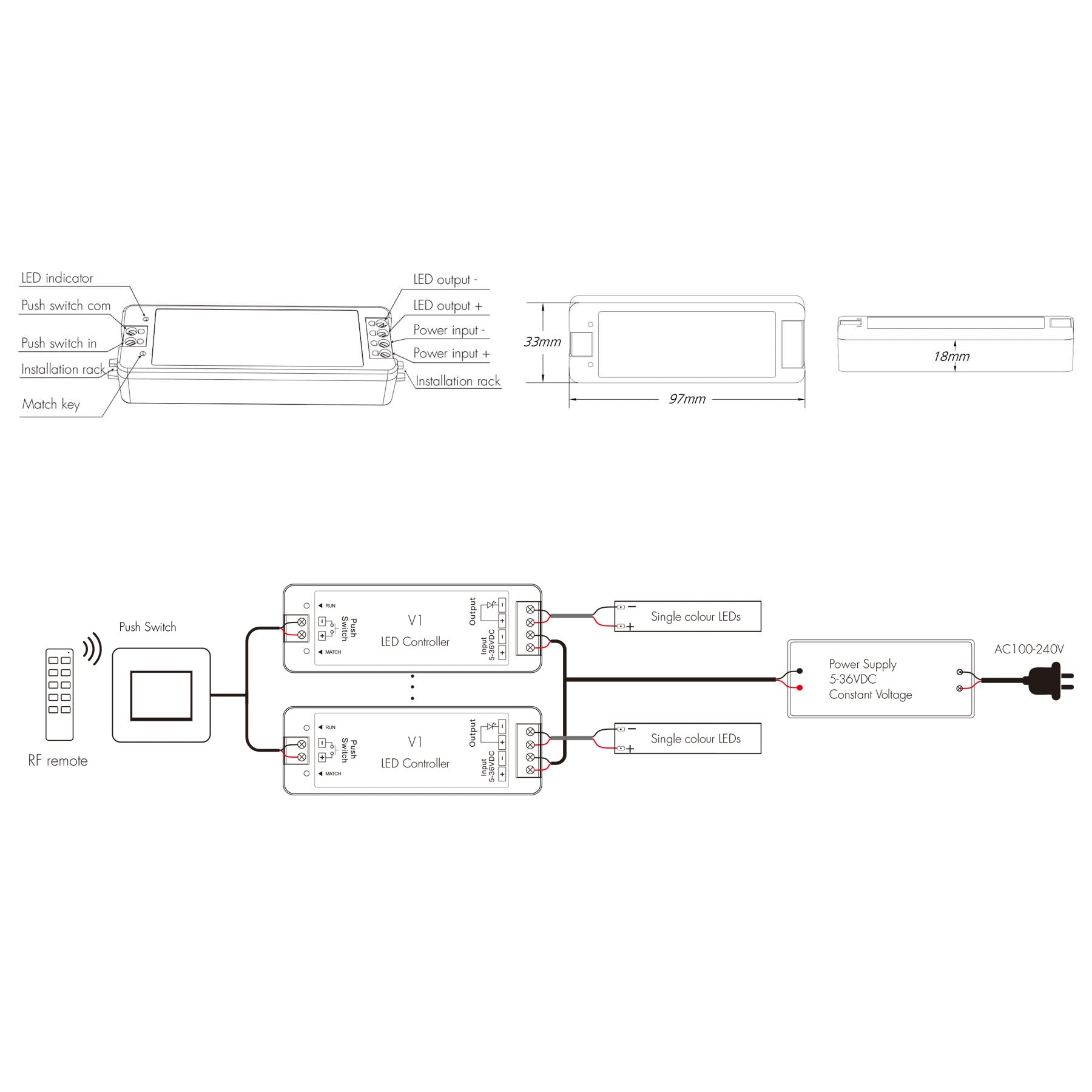  LED 5-36V DC Dimming Controller V1 + 1 Zone Remote Control RM1