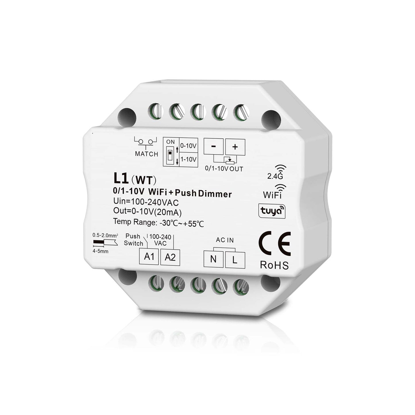  LED AC100-240V 0/1-10V Wifi Push Dimmer Tuya APP 2.4GHz RF L1(WT)