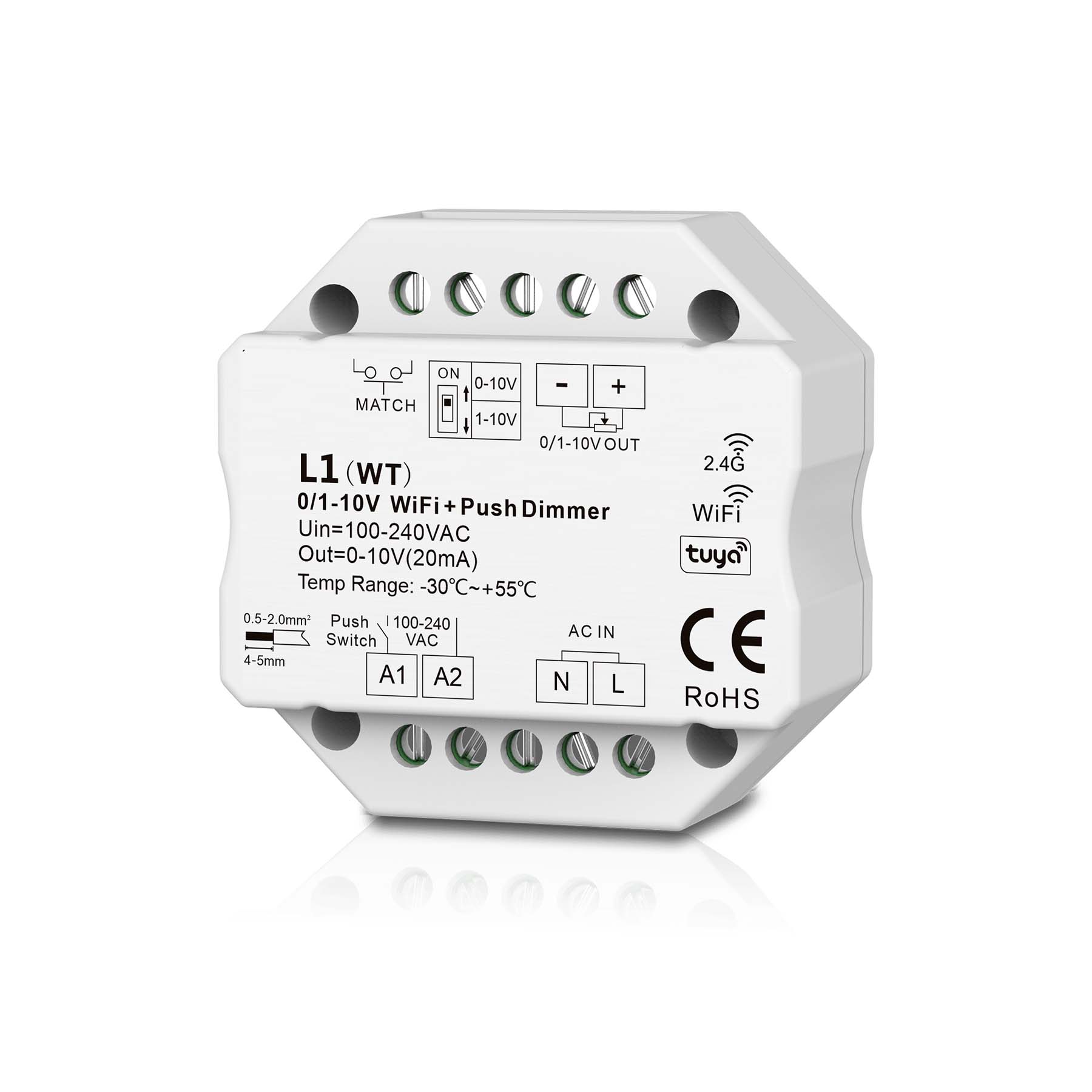  LED AC100-240V 0/1-10V Wifi Push Dimmer Tuya APP 2.4GHz RF L1(WT)