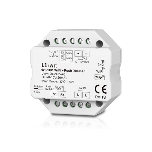  LED AC100-240V 0/1-10V Wifi Push Dimmer Tuya APP 2.4GHz RF L1(WT)