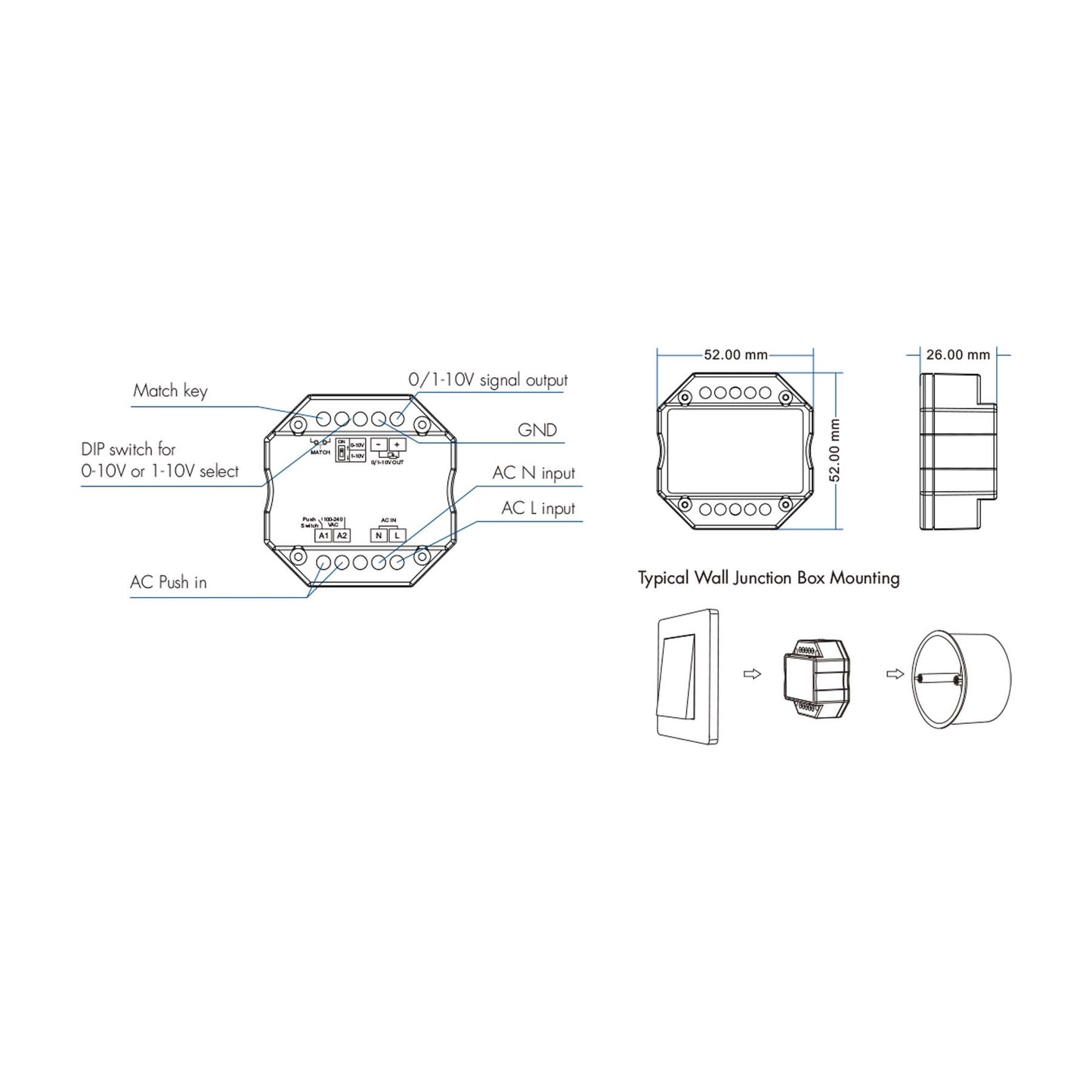  LED AC100-240V 0/1-10V Wifi Push Dimmer Tuya APP 2.4GHz RF L1(WT)