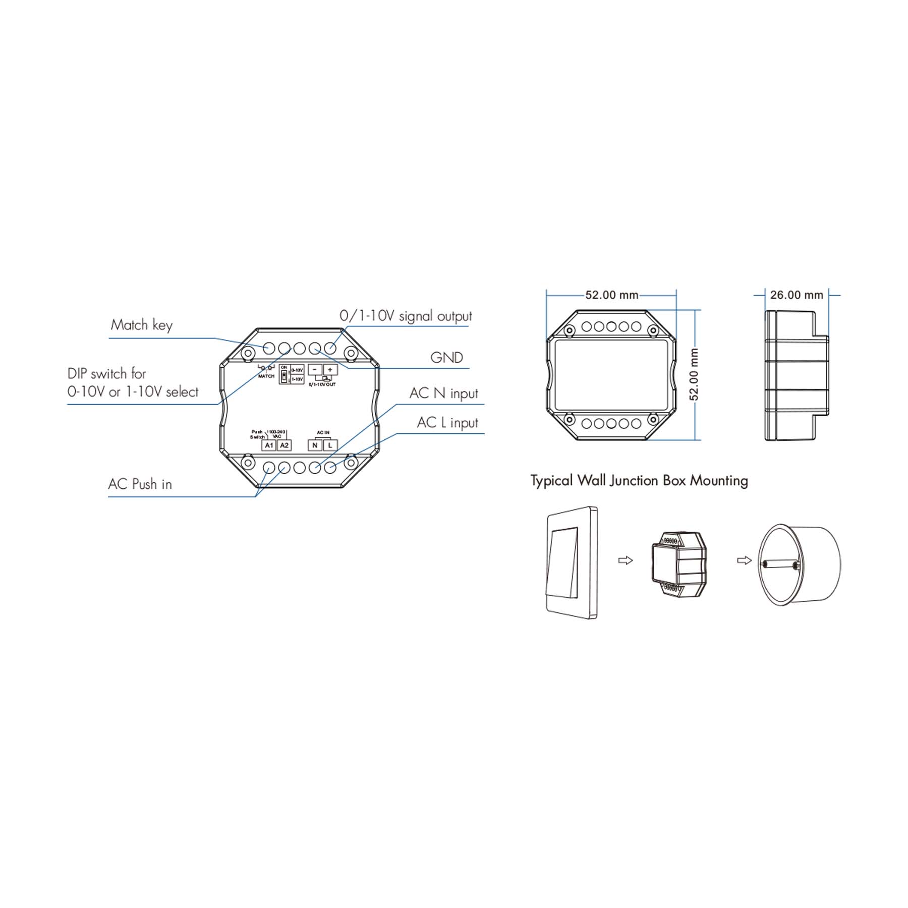  LED AC100-240V 0/1-10V Wifi Push Dimmer Tuya APP 2.4GHz RF L1(WT)