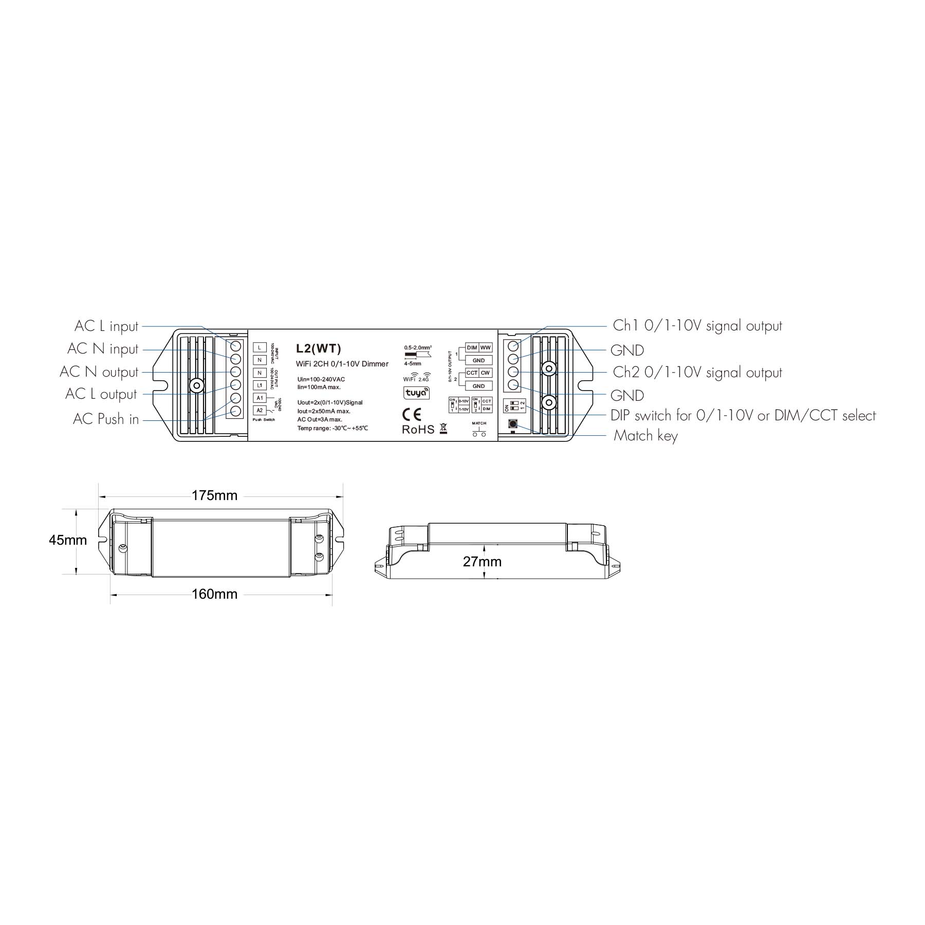  LED AC100-240V Dimming/CCT 0/1-10V Wifi Controller Tuya APP 2.4GHz RF L2(WT)