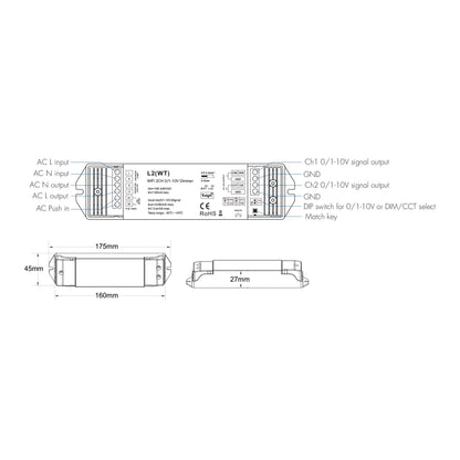  LED AC100-240V Dimming/CCT 0/1-10V Wifi Controller Tuya APP 2.4GHz RF L2(WT)