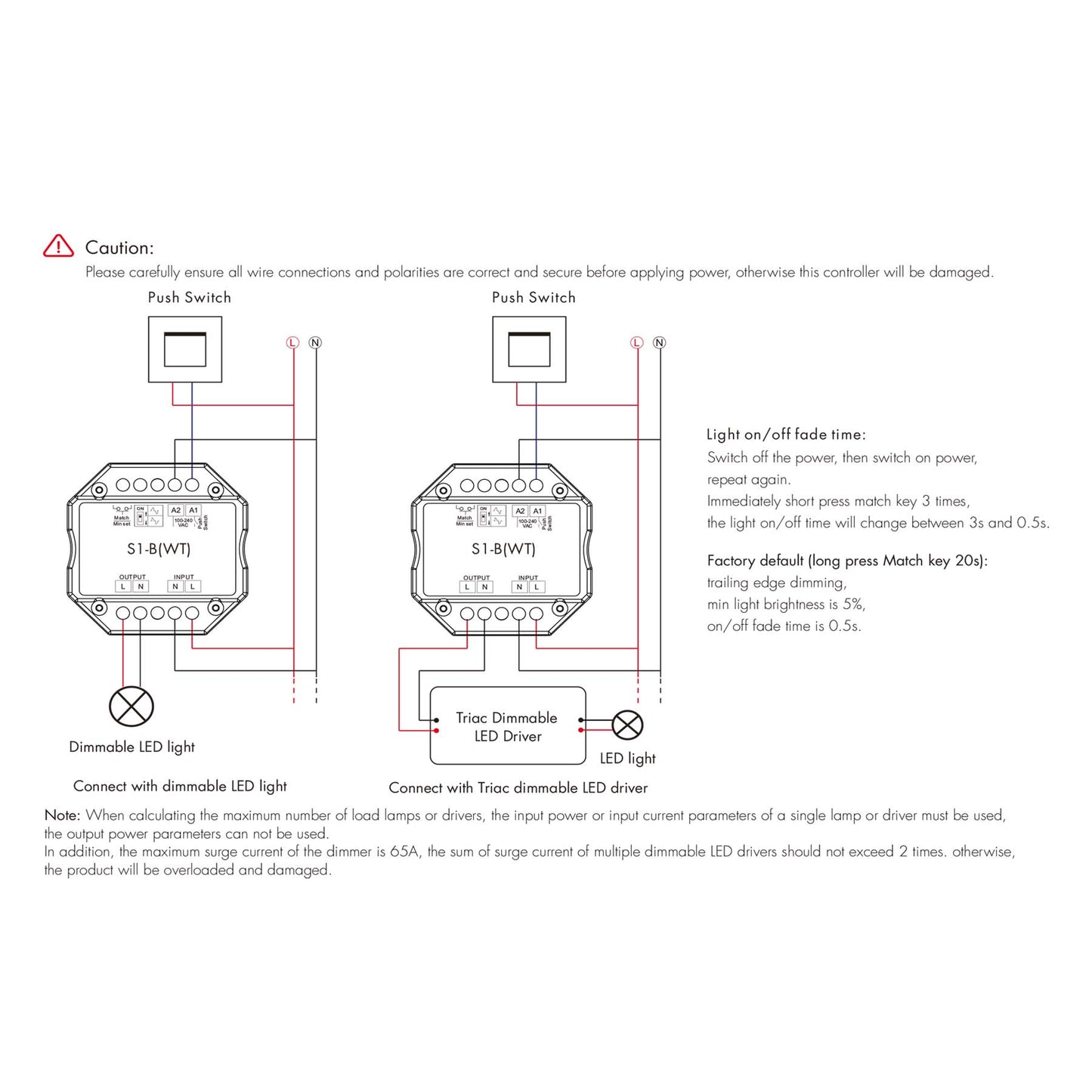  LED AC100-240V Triac Wifi Dimmer Tuya APP 2.4GHz RF S1-B(WT)