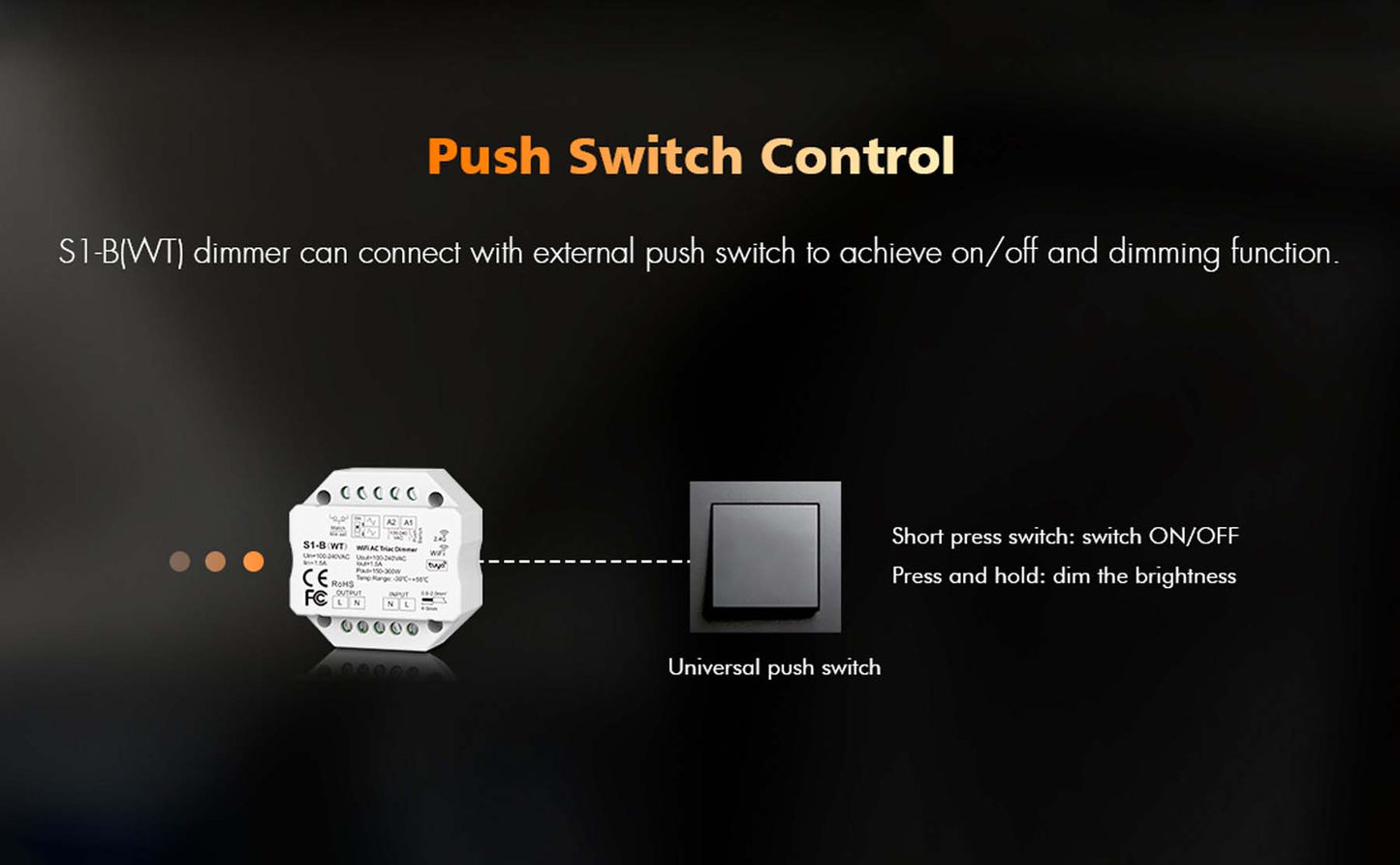  LED AC100-240V Triac Wifi Dimmer Tuya APP 2.4GHz RF S1-B(WT)