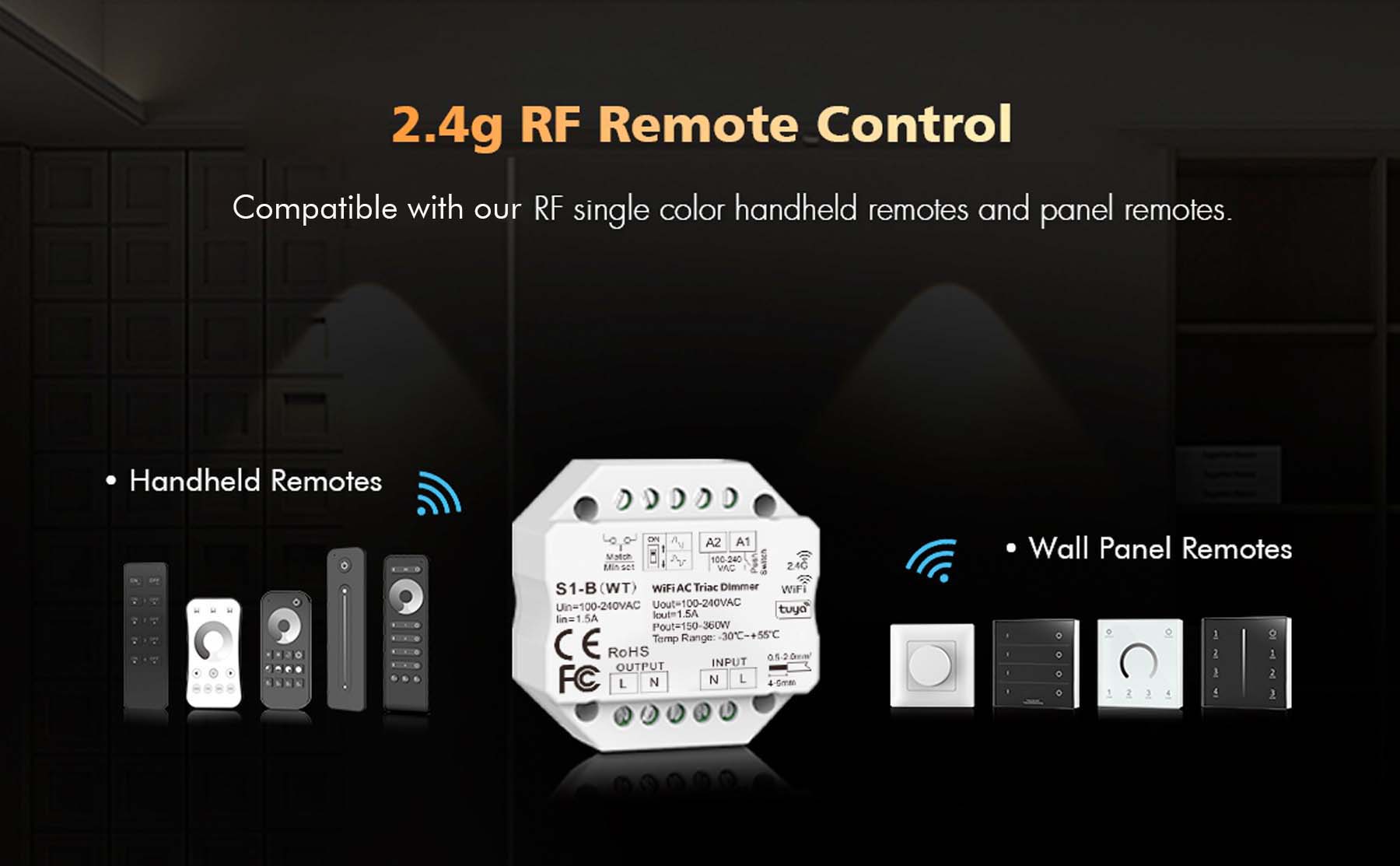  LED AC100-240V Triac Wifi Dimmer Tuya APP 2.4GHz RF S1-B(WT)