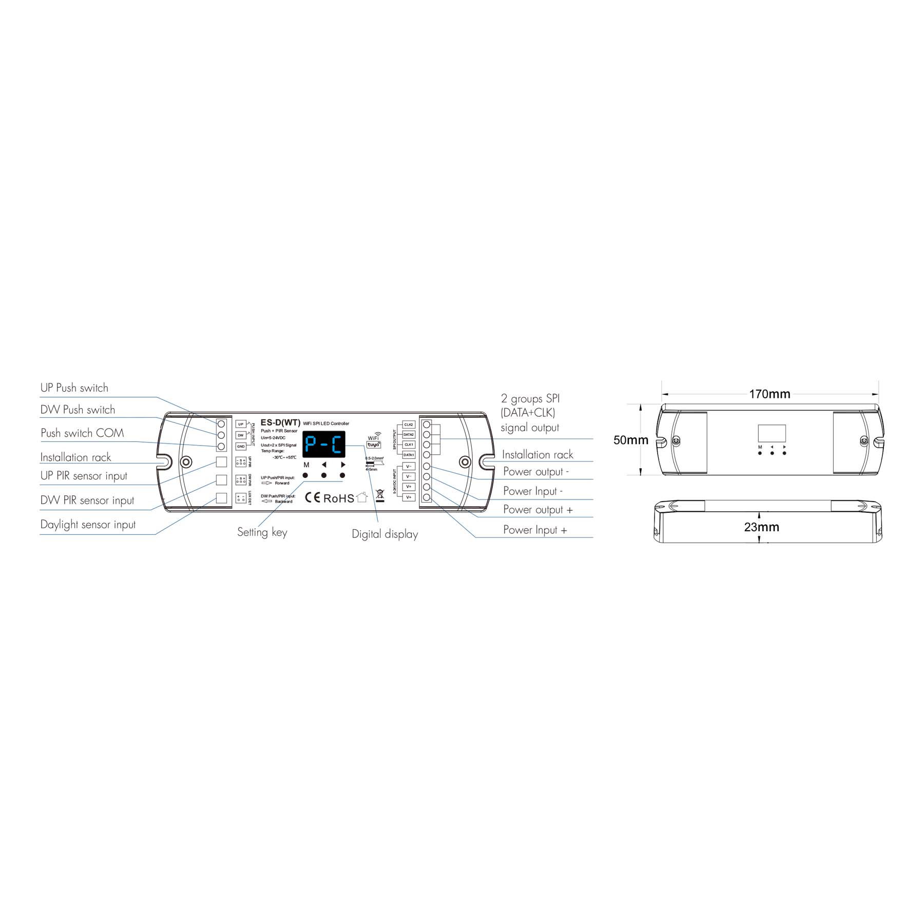  WiFi LED Staircase Light Controller With Dual PIR Sensor For Running Water & RGB SPI Strips ES-D(WT)