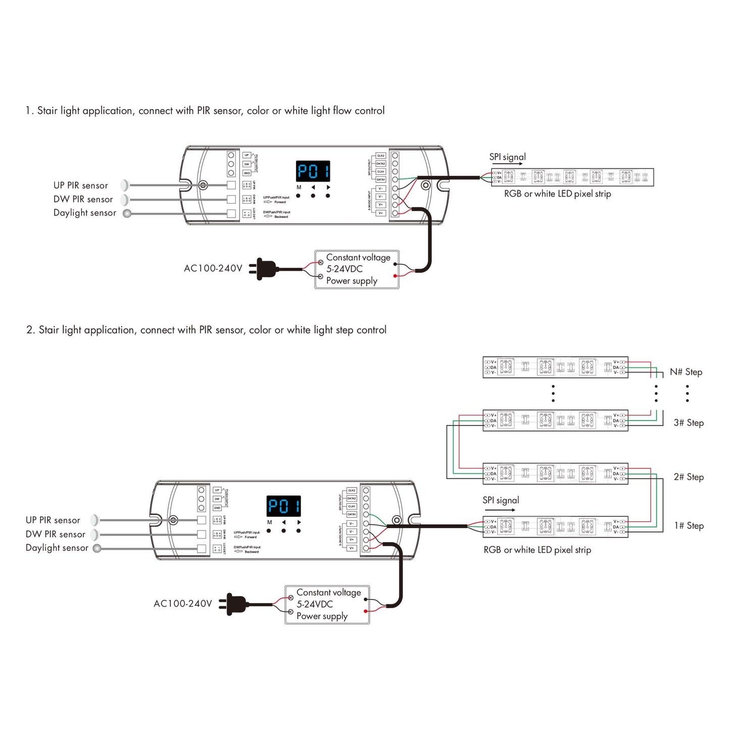  LED Staircase Light Controller With Dual PIR Sensor For Running Water & RGB SPI Strips ES-D