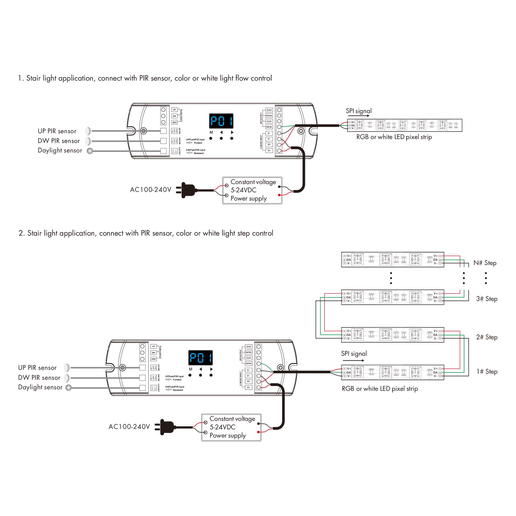  LED Staircase Light Controller With Dual PIR Sensor For Running Water & RGB SPI Strips ES-D