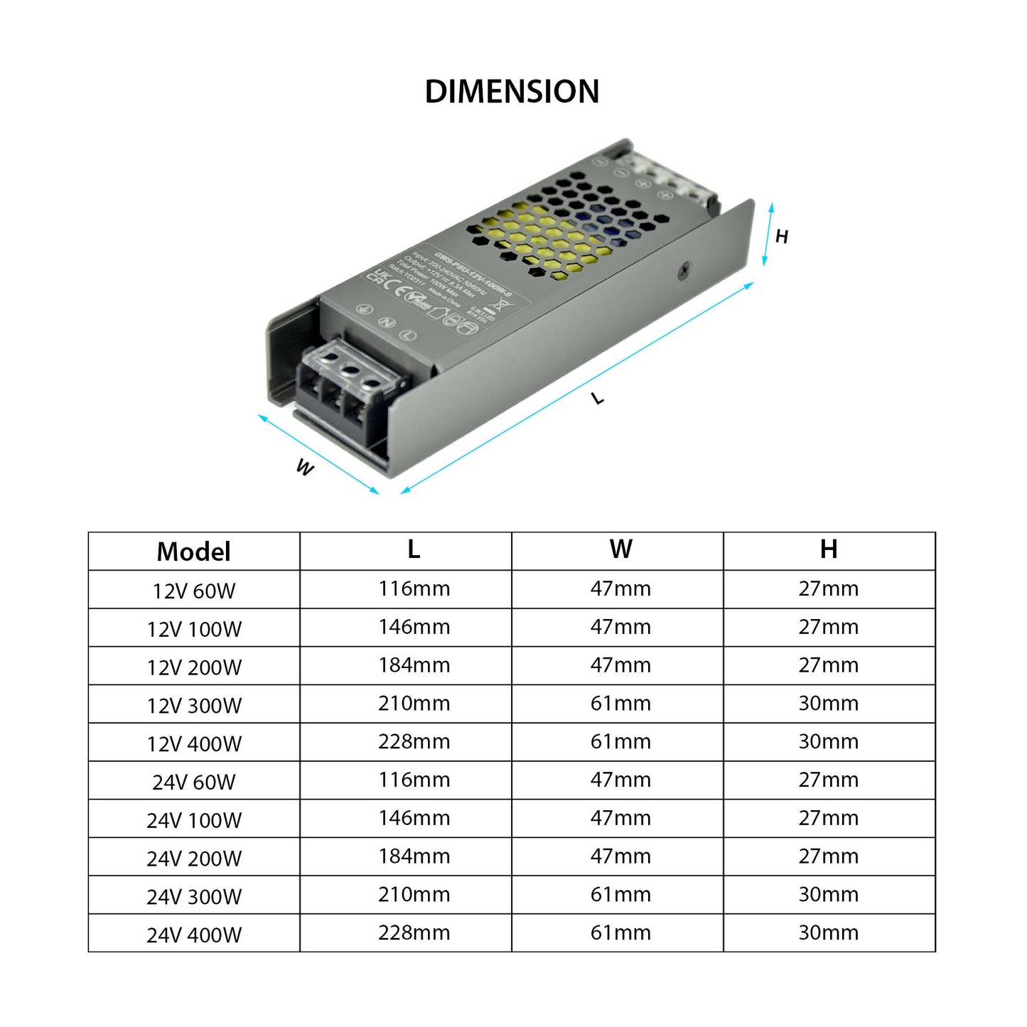  LED Slim Power Supply Transformer DC 12V-48V 60W-400W 2.1A-33A IP20