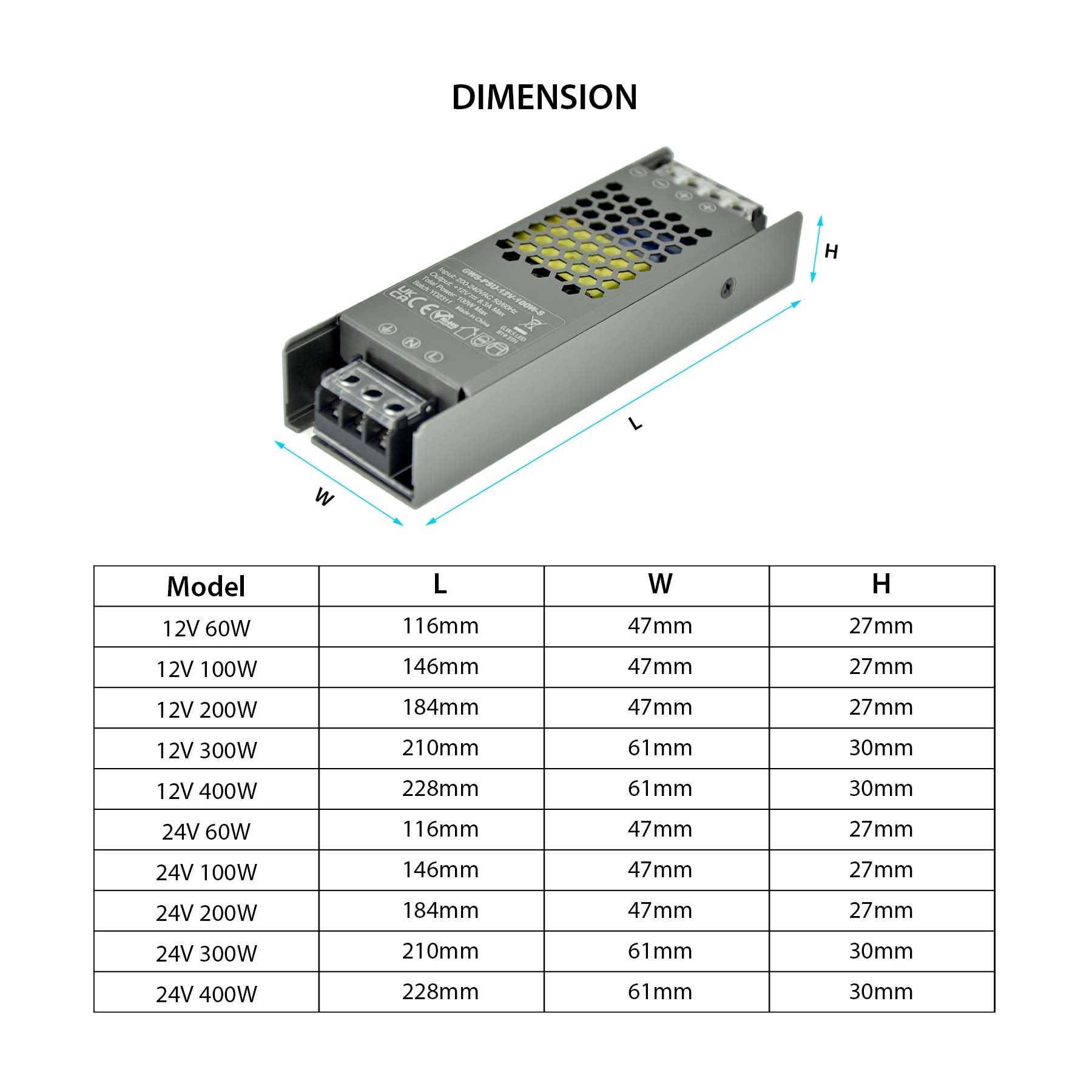  LED Slim Power Supply Transformer DC 12V-48V 60W-400W 2.1A-33A IP20