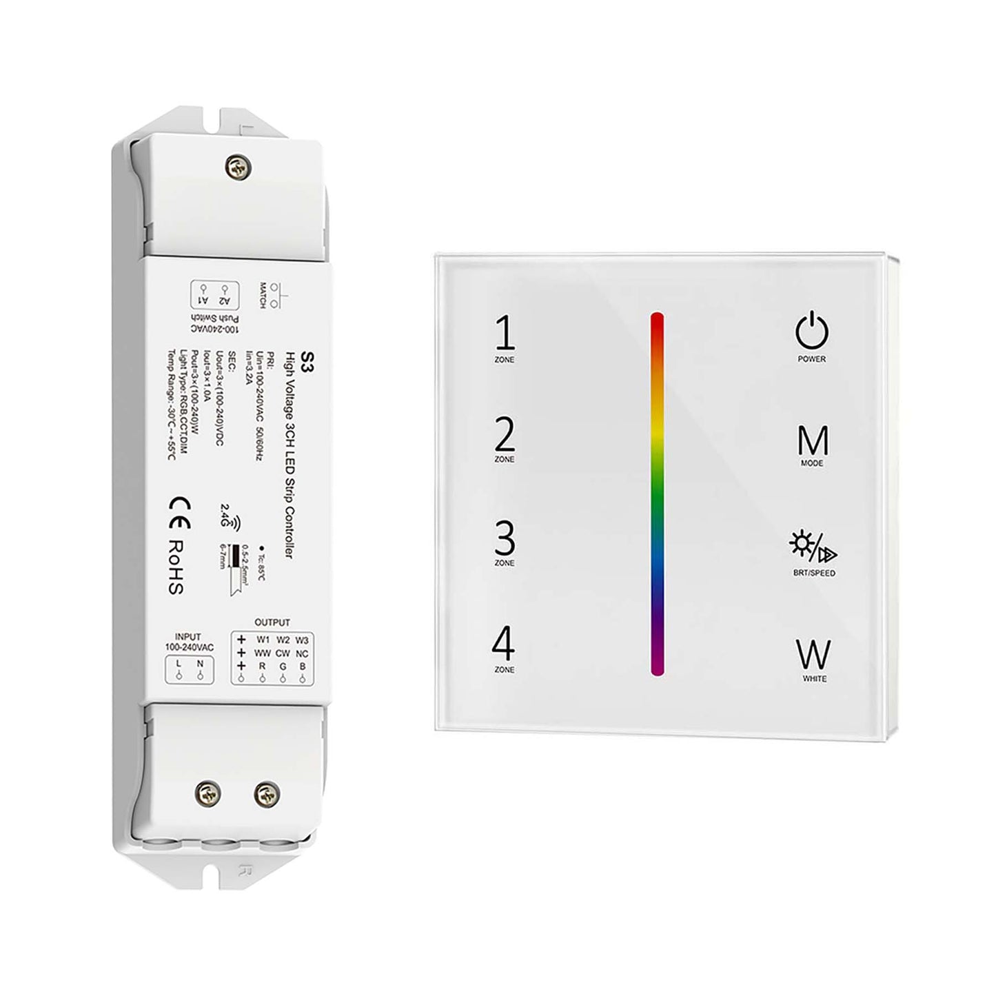  LED 100-240V AC Dimming/CCT/RGB Controller S3 + 4 Zone Panel Remote Control 100-240V AC Input T14-1