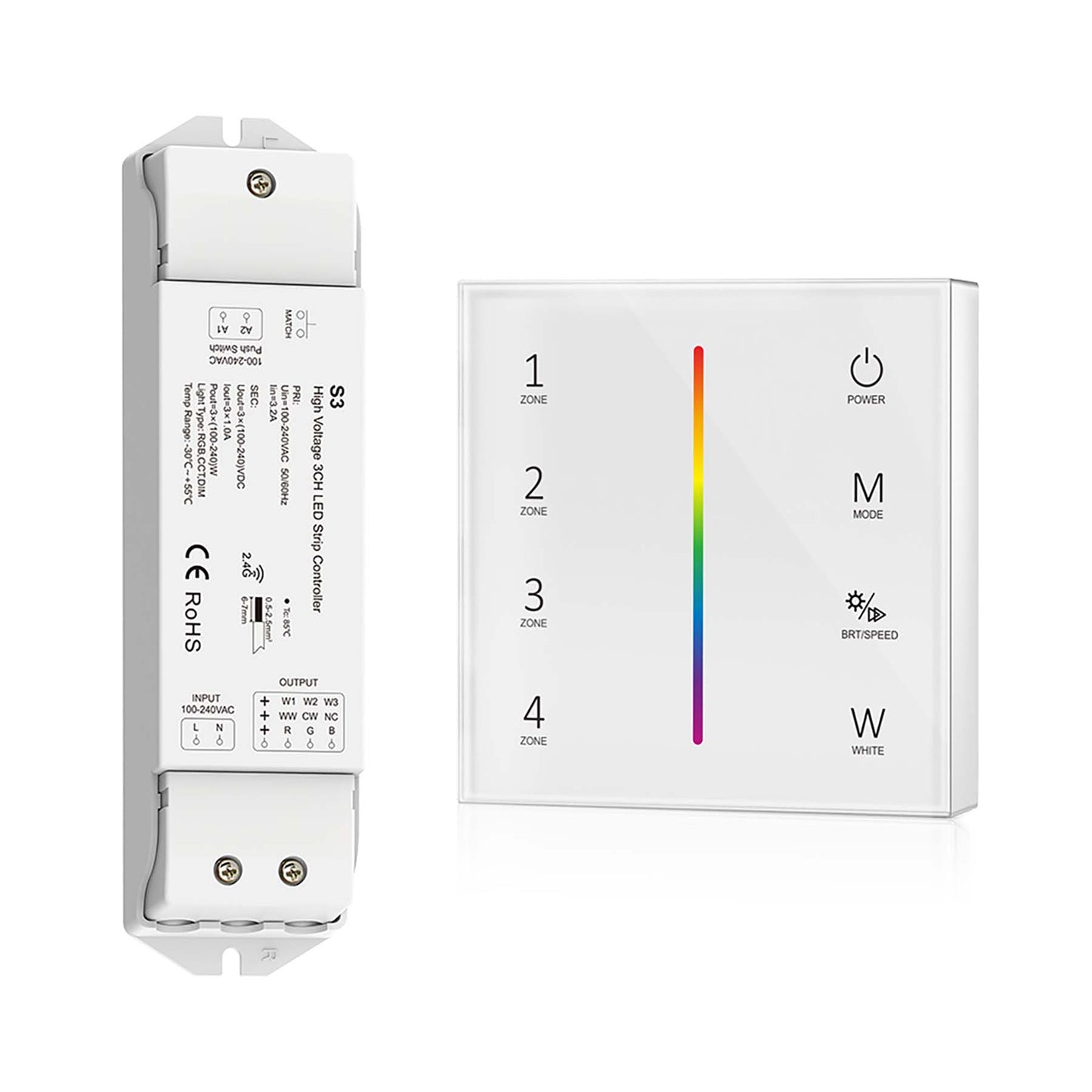  LED 100-240V AC Dimming/CCT/RGB Controller S3 + 4 Zone Panel Remote Control 2*AAA Battery T24