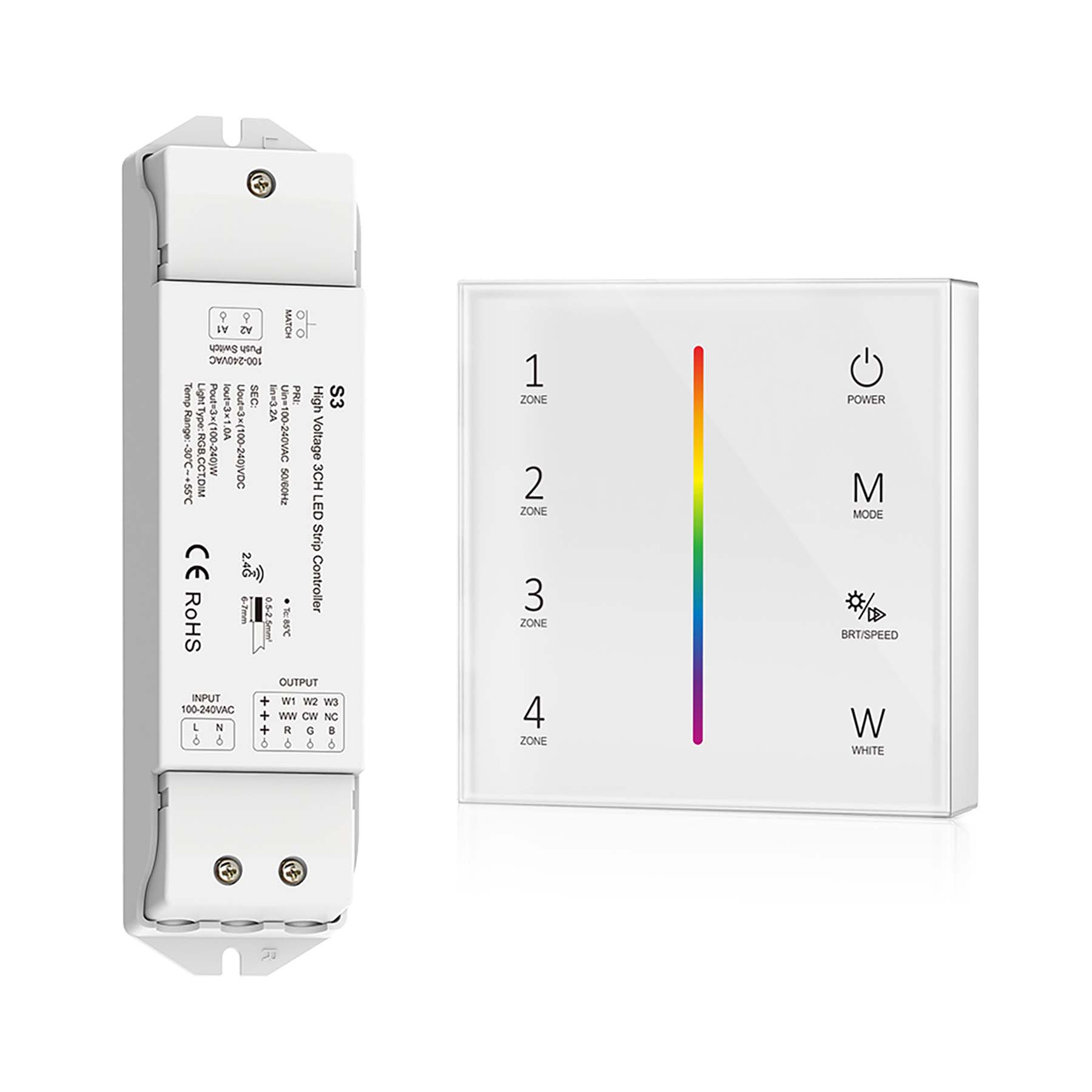  LED 100-240V AC Dimming/CCT/RGB Controller S3 + 4 Zone Panel Remote Control 2*AAA Battery T24