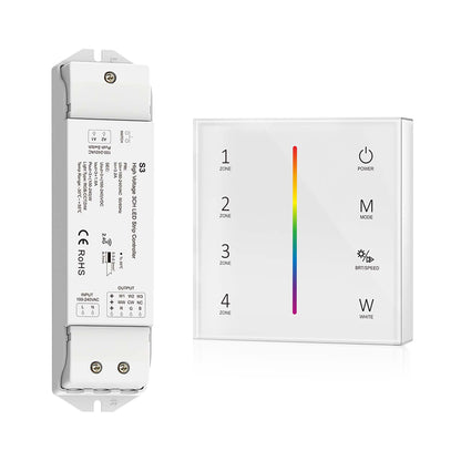  LED 100-240V AC Dimming/CCT/RGB Controller S3 + 4 Zone Panel Remote Control 2*AAA Battery T24