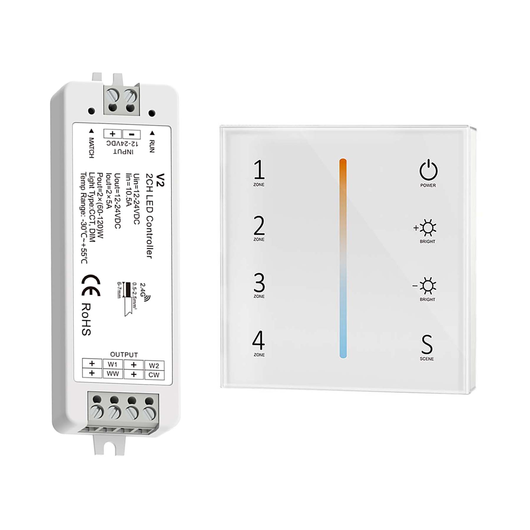  LED 12-24V DC Dimming/CCT Controller V2 + 4 Zone Panel Remote Control 100-240V AC Input T12-1