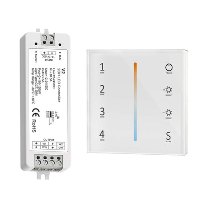  LED 12-24V DC Dimming/CCT Controller V2 + 4 Zone Panel Remote Control 100-240V AC Input T12-1