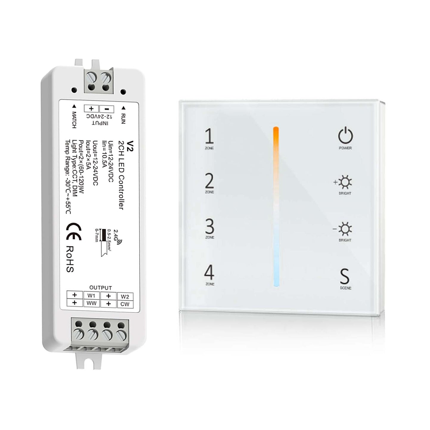  LED 12-24V DC Dimming/CCT Controller V2 + 4 Zone Panel Remote Control 2*AAA Battery T22