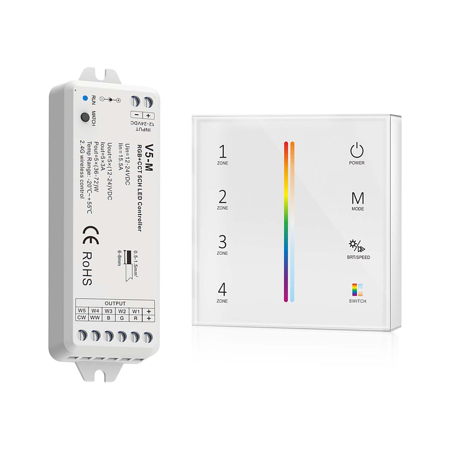  LED 12-24V DC RGB+CCT Controller V5-M + 4 Zone Panel Remote Control 2*AAA Battery T25