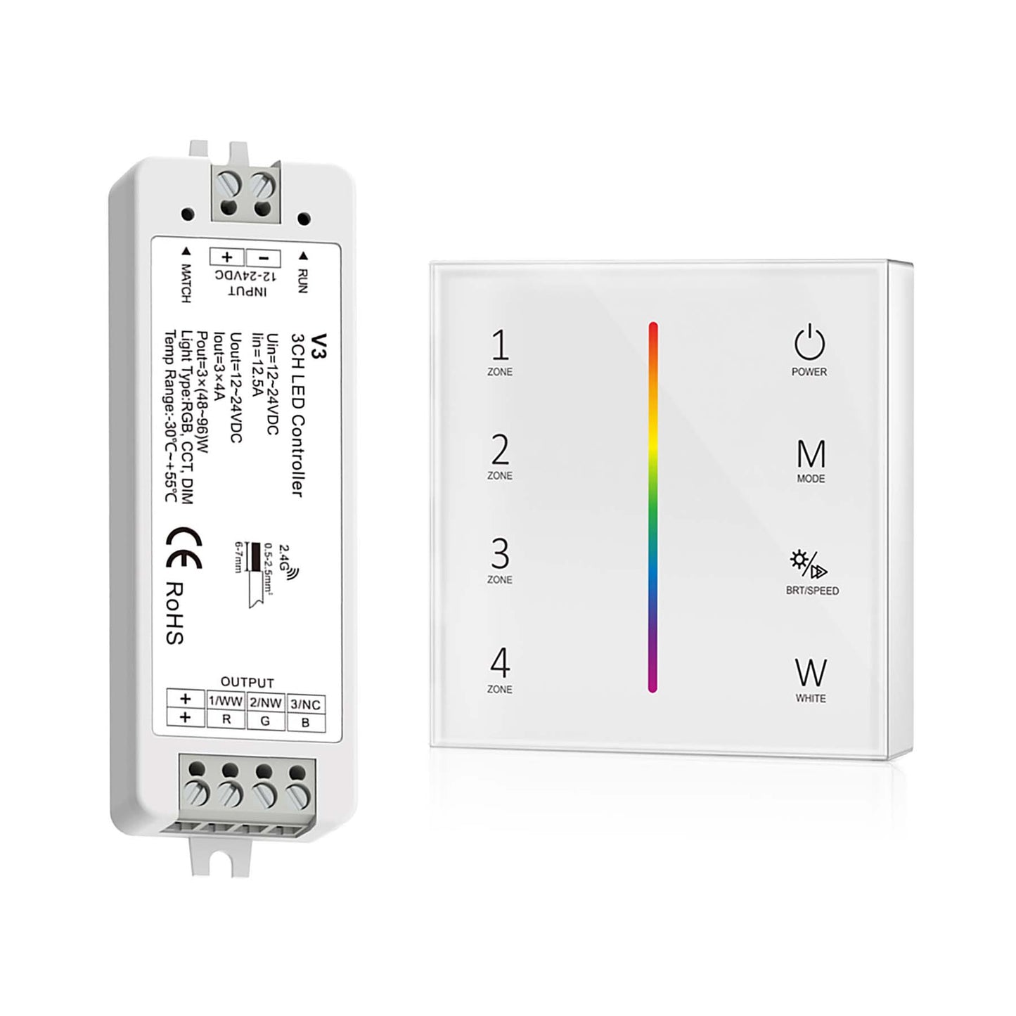  LED 12-24V DC Dimming/CCT/RGB Controller V3 + 4 Zone Panel Remote Control 2*AAA Battery T24
