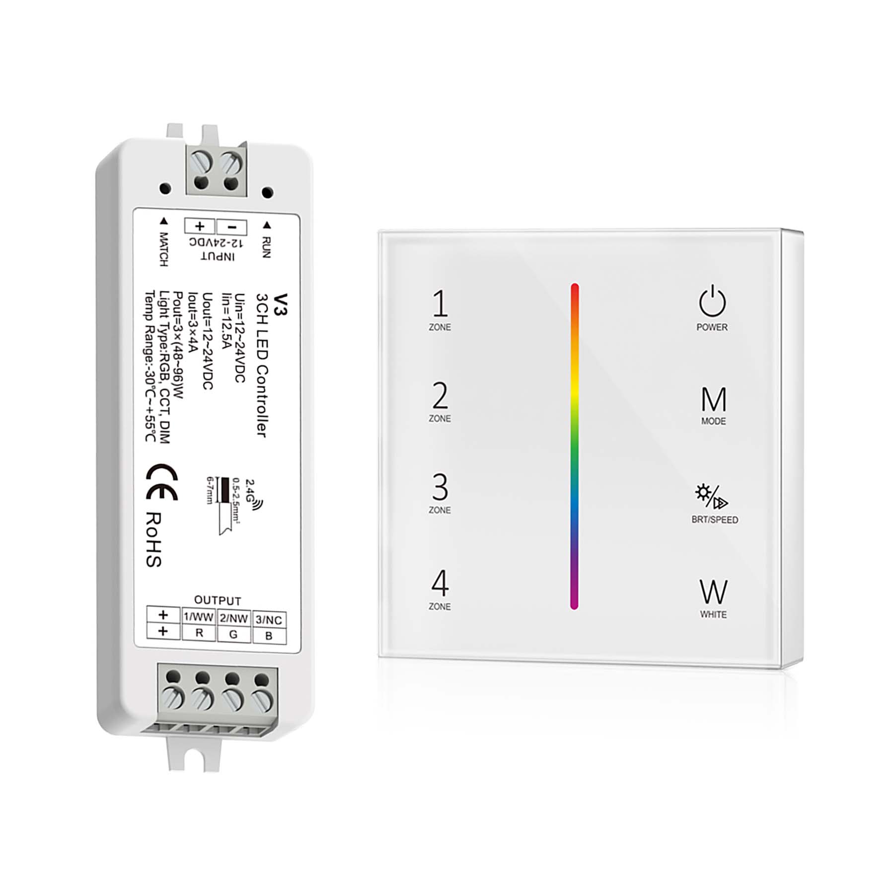  LED 12-24V DC Dimming/CCT/RGB Controller V3 + 4 Zone Panel Remote Control 2*AAA Battery T24