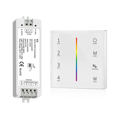  LED 12-24V DC Dimming/CCT/RGB Controller V3 + 4 Zone Panel Remote Control 2*AAA Battery T24