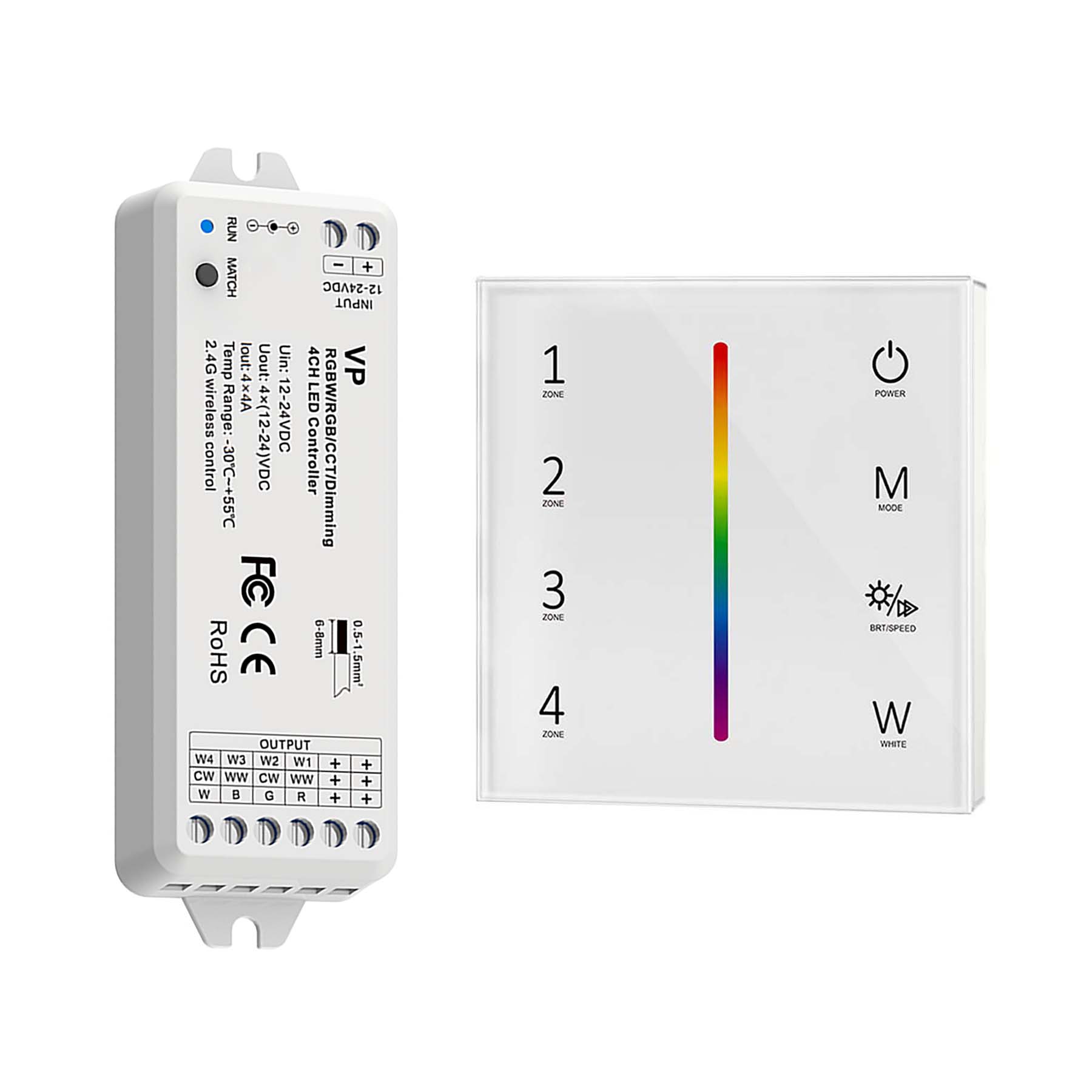  LED 12-24V DC Dimming/CCT/RGB/RGBW Controller VP + 4 Zone Panel Remote Control 100-240V AC Input T14-1