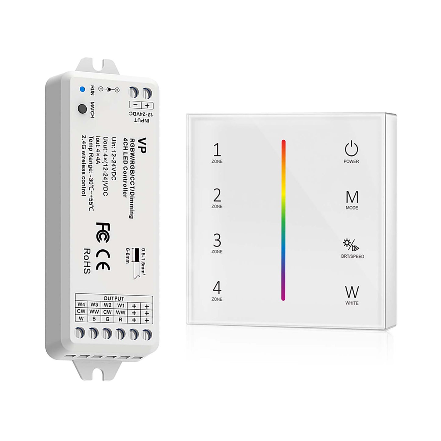  LED 12-24V DC Dimming/CCT/RGB/RGBW Controller VP + 4 Zone Panel Remote Control 2*AAA Battery T24