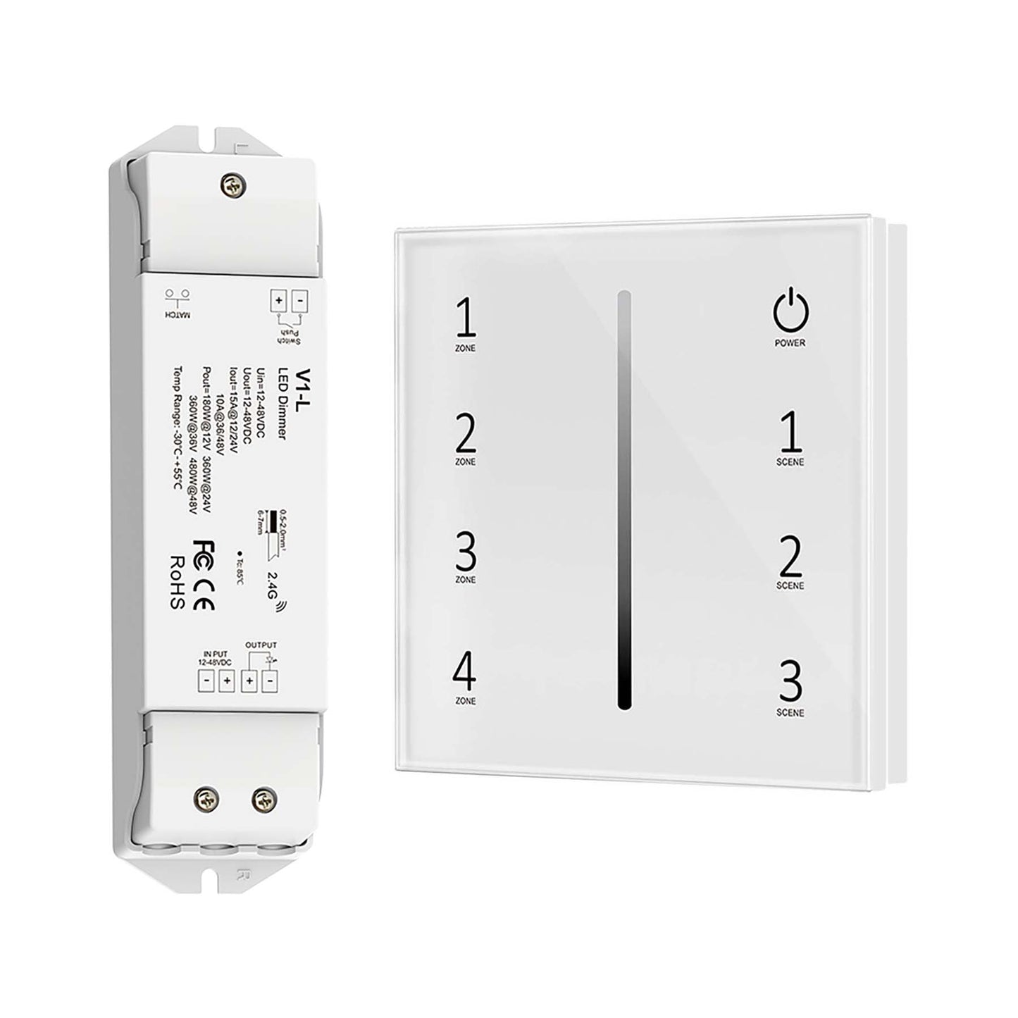  LED 12-48V DC Dimming Controller V1-L + 4 Zone Panel Remote Control 100-240V AC Input T11-1