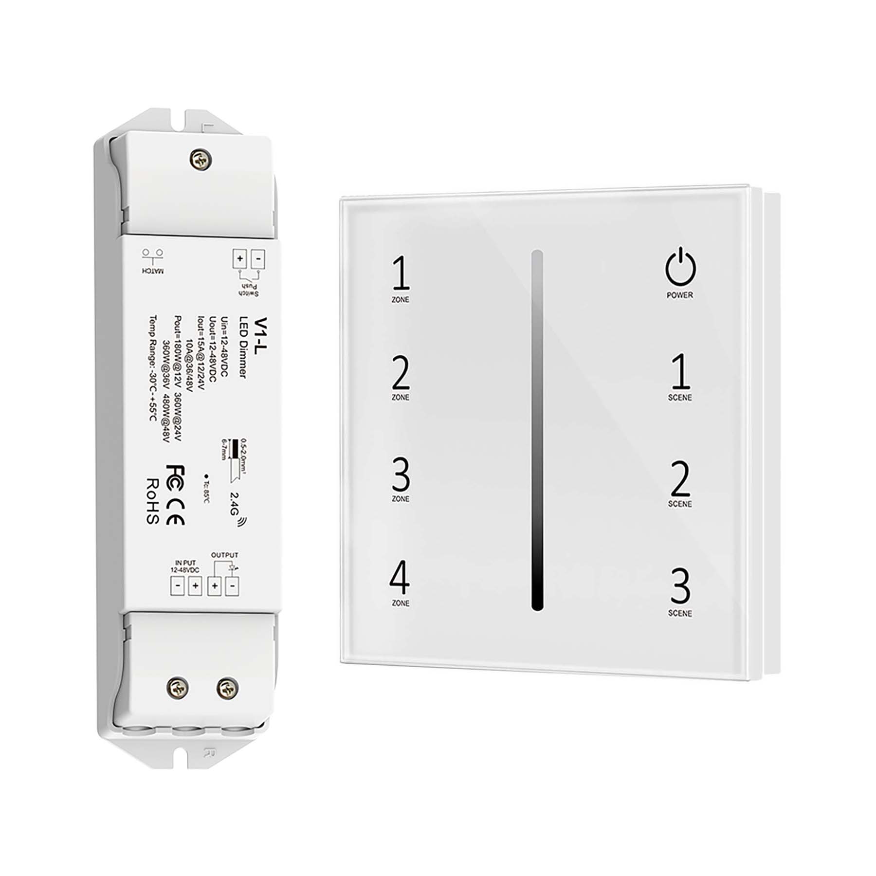  LED 12-48V DC Dimming Controller V1-L + 4 Zone Panel Remote Control 100-240V AC Input T11-1