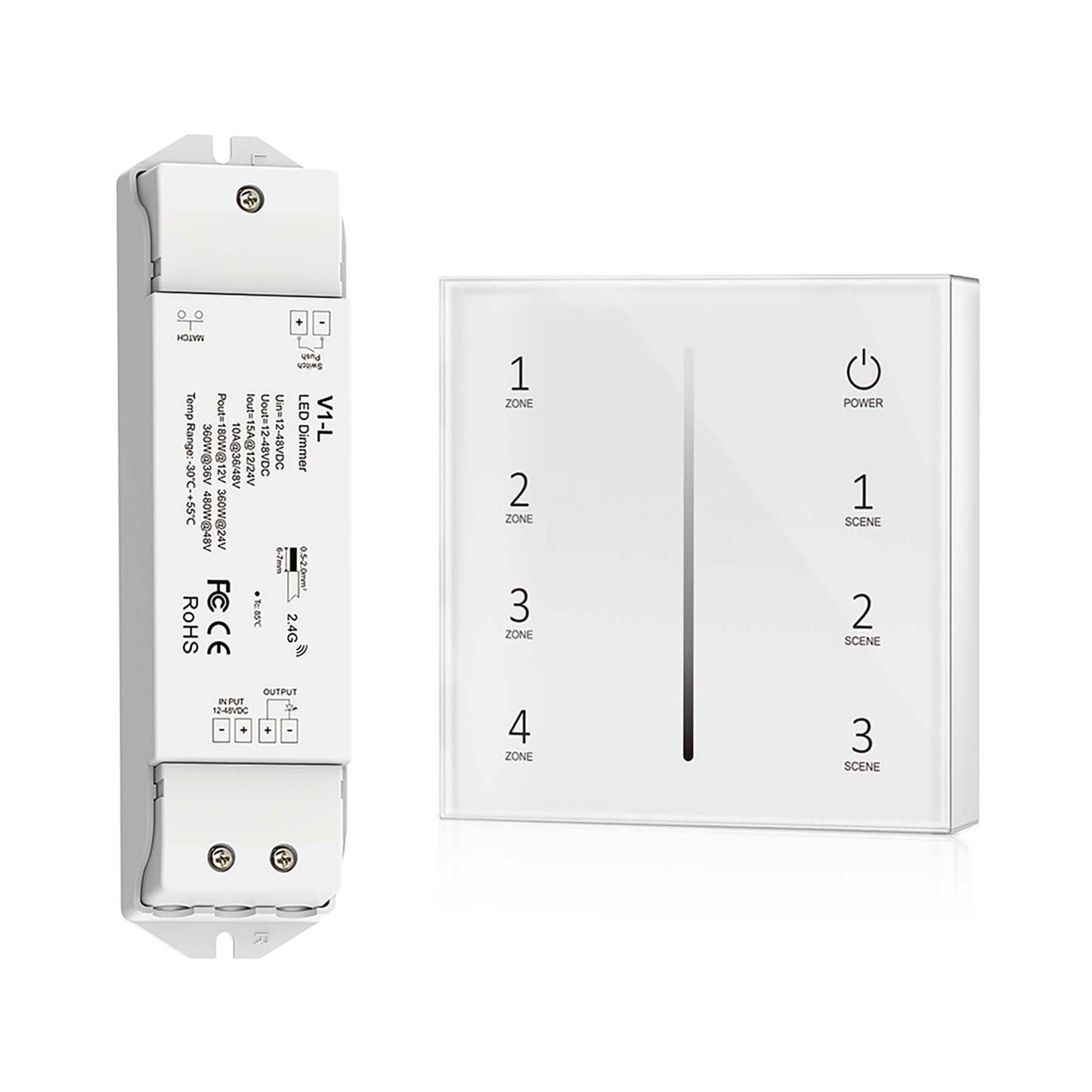  LED 12-48V DC Dimming Controller V1-L + 4 Zone Panel Remote Control 2*AAA Battery T21