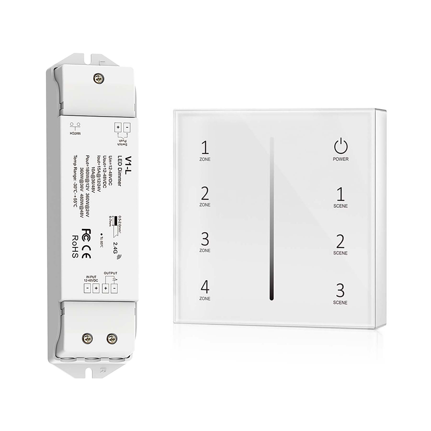  LED 12-48V DC Dimming Controller V1-L + 4 Zone Panel Remote Control 2*AAA Battery T21