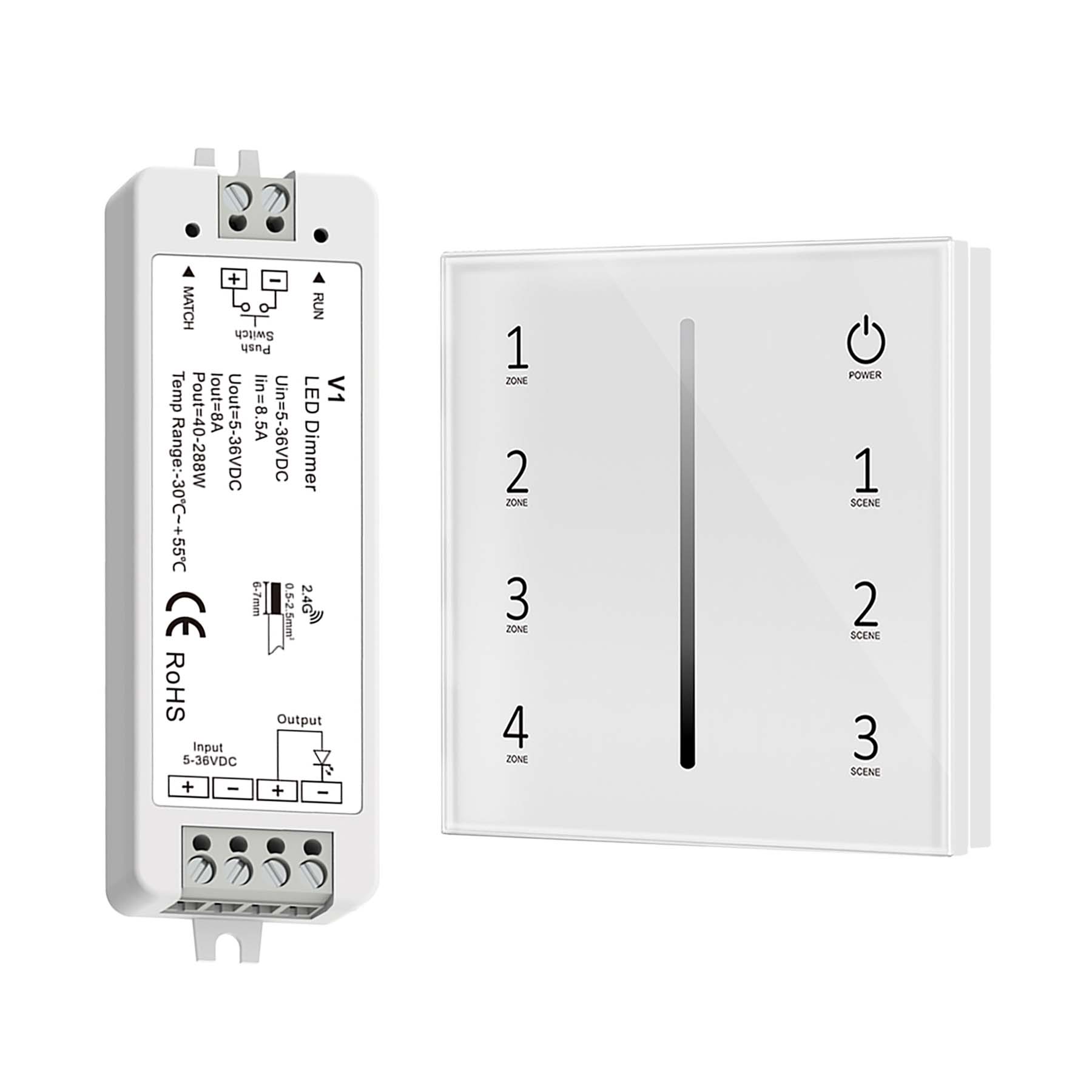  LED 5-36V DC Dimming Controller V1 + 4 Zone Panel Remote Control 100-240V AC Input T11-1