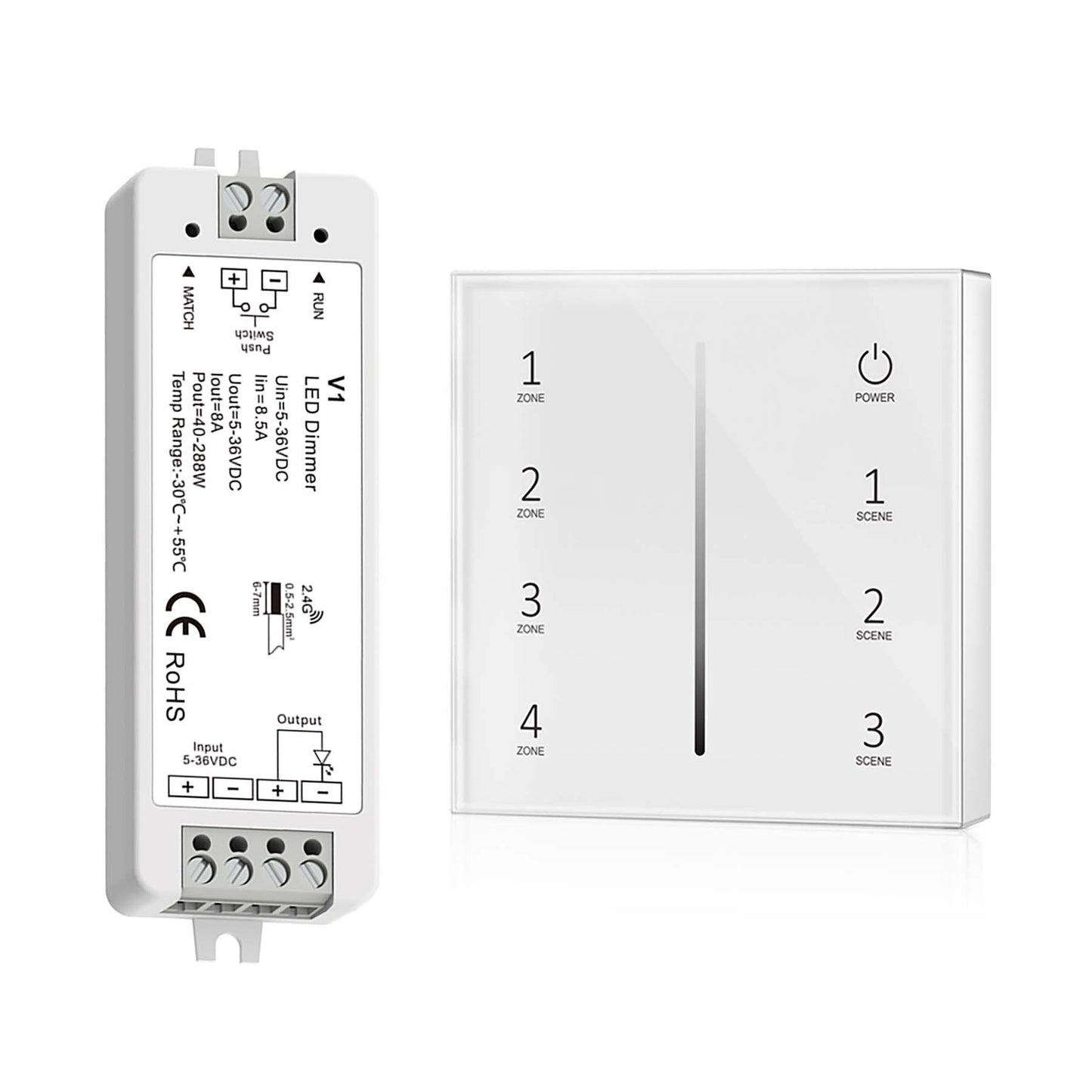  LED 5-36V DC Dimming Controller V1 + 4 Zone Panel Remote Control 2*AAA Battery T21