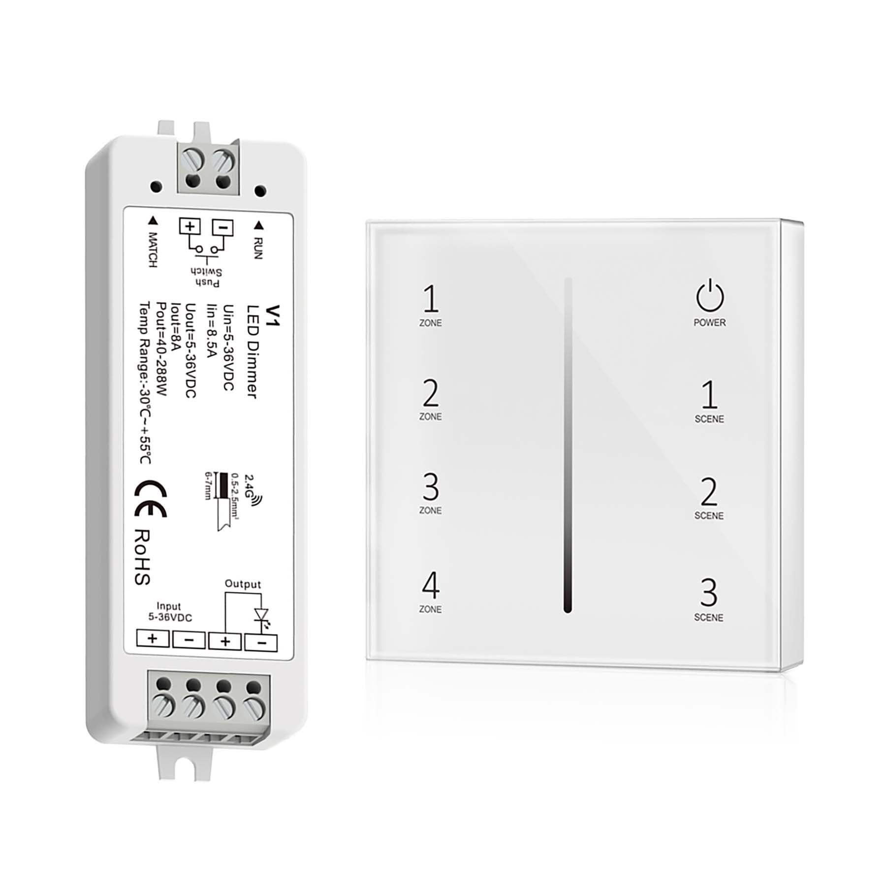  LED 5-36V DC Dimming Controller V1 + 4 Zone Panel Remote Control 2*AAA Battery T21