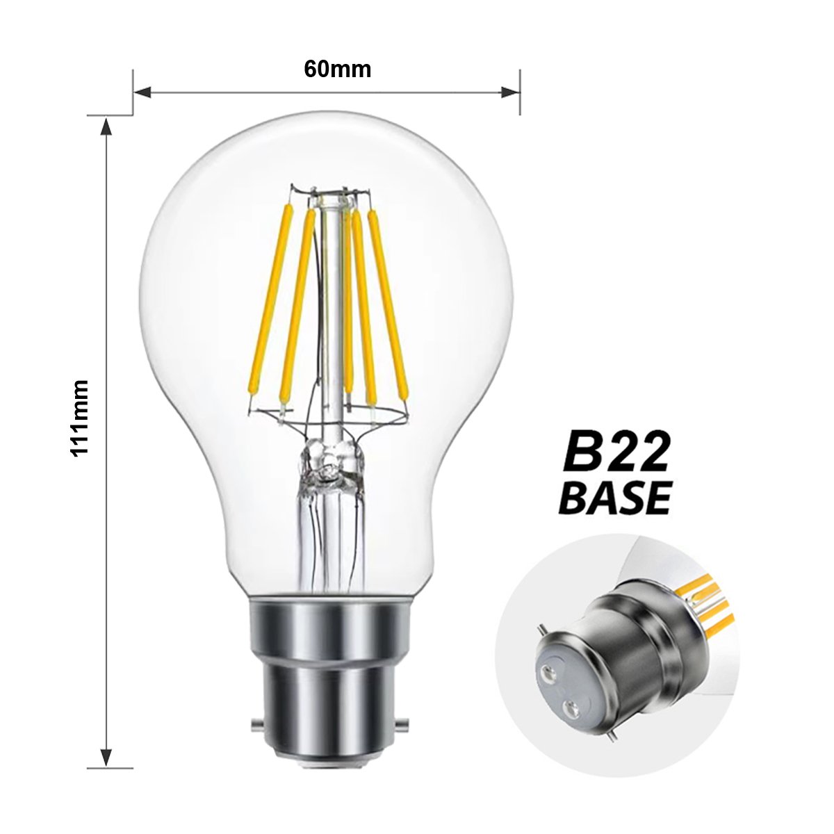  A60 Vintage Style Dimmable B22 8W LED Filament Globe GLS Light Bulb
