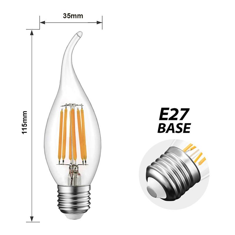  C35 Vintage Style Dimmable E27 6W LED Filament Flame Tip Candle Light Bulb