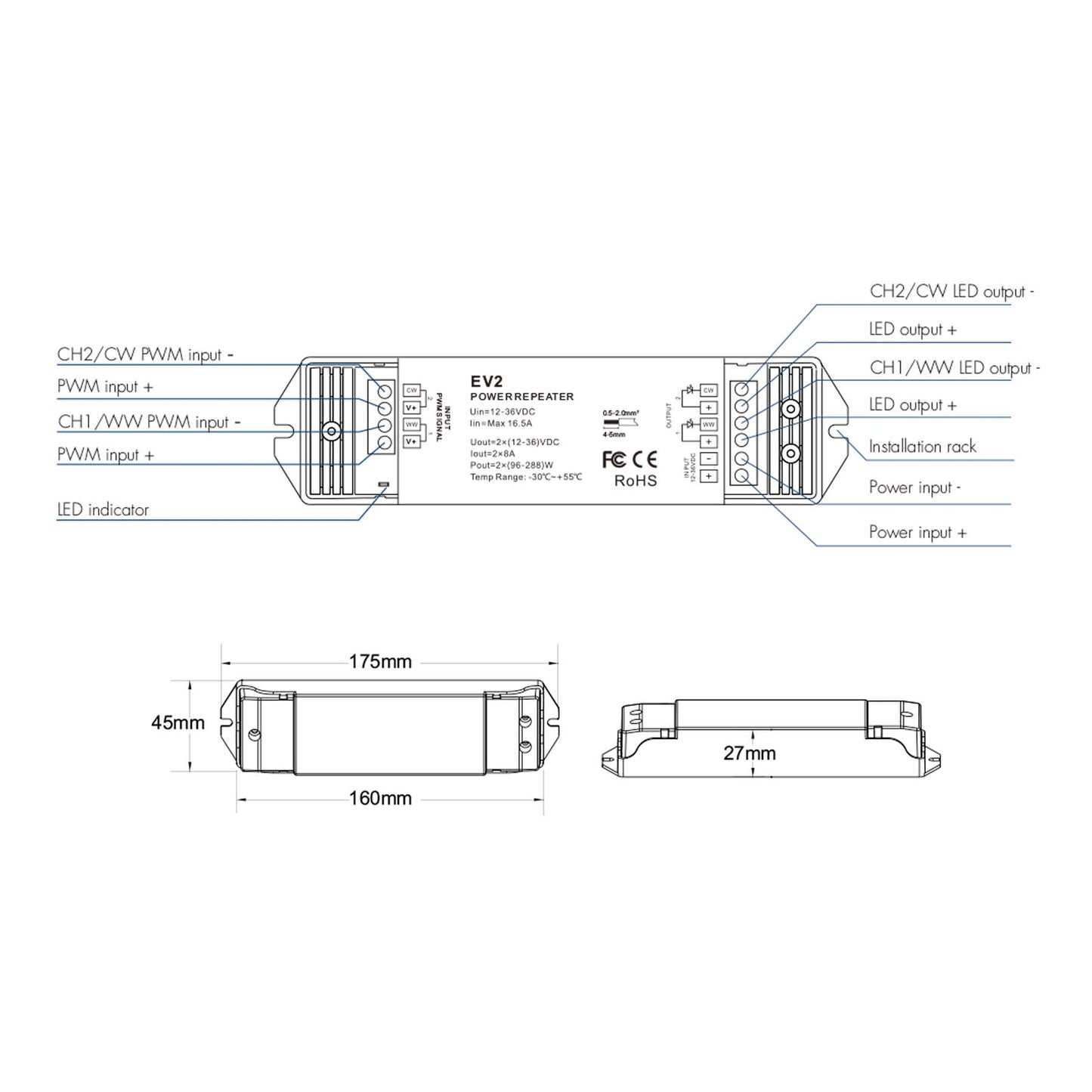  2CH*8A 12-36V Dimming/CCT Power Repeater EV2