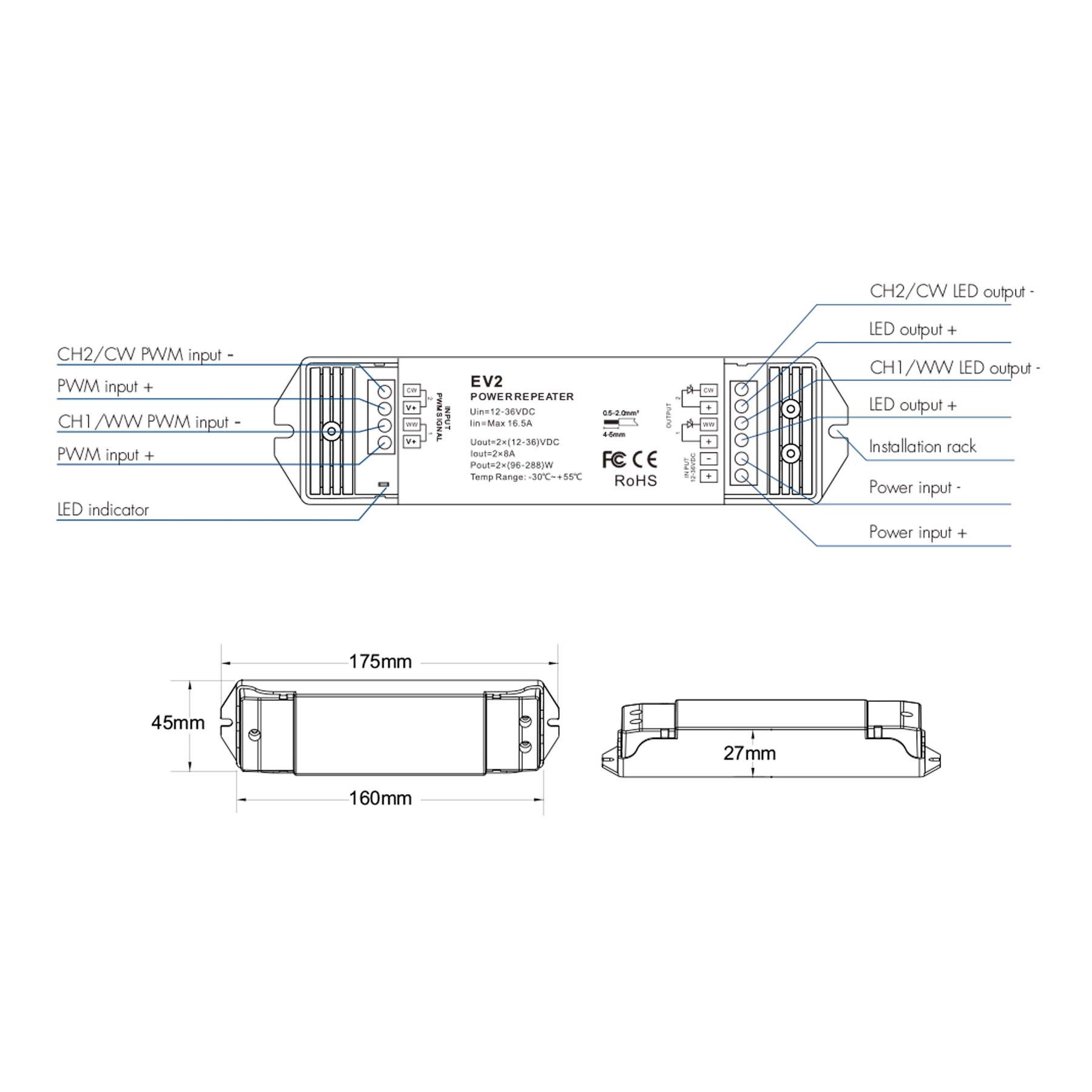  2CH*8A 12-36V Dimming/CCT Power Repeater EV2