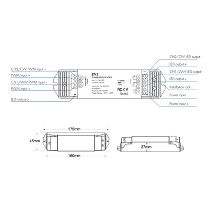  2CH*8A 12-36V Dimming/CCT Power Repeater EV2