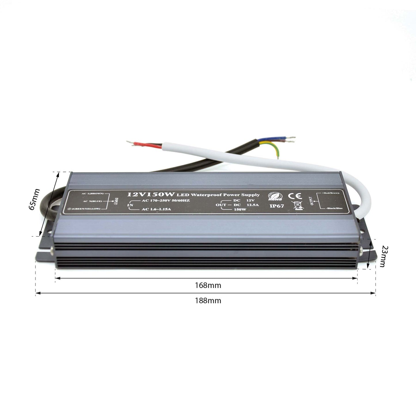 LED Power Supply Transformer DC 12V 150W 12.5A IP67