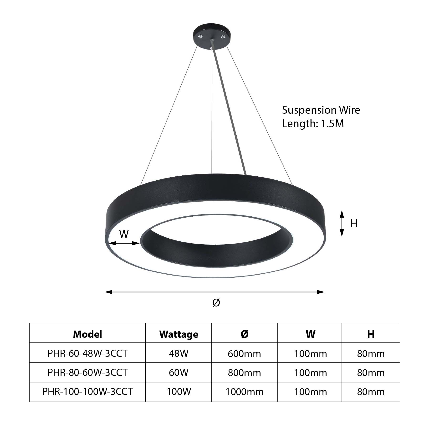  Black LED Halo Ring Pendant Light 3CCT