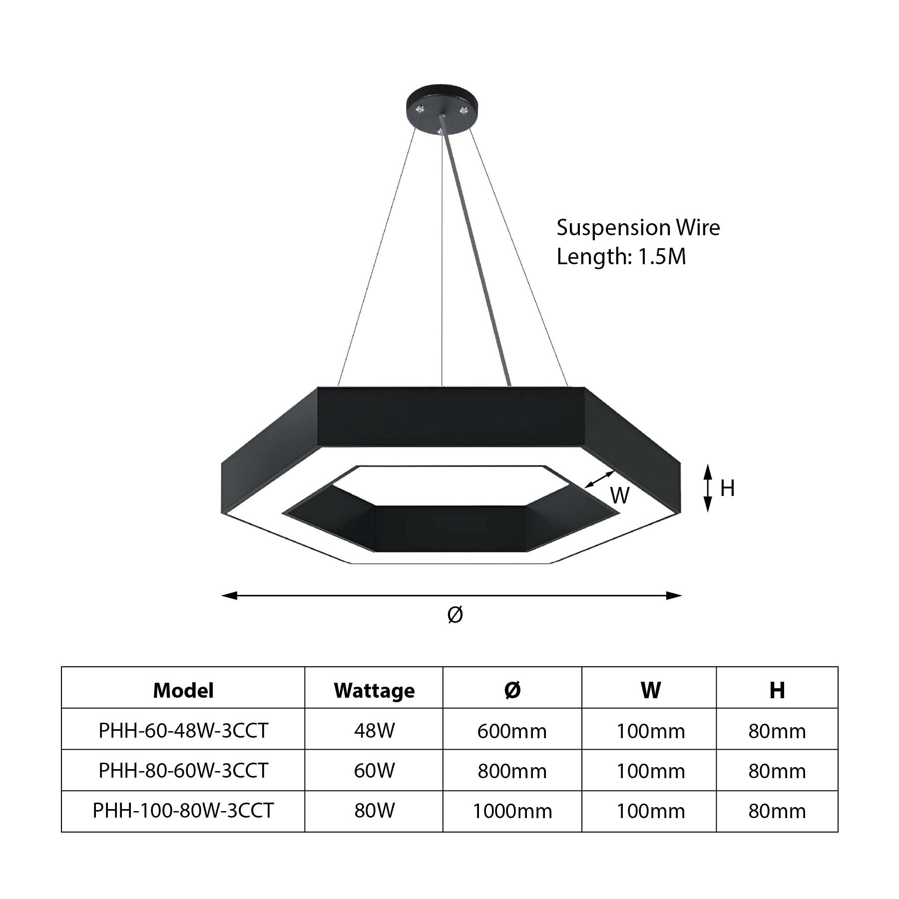  Black LED Hexagon Halo Pendant Light 3CCT