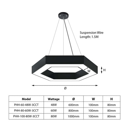  Black LED Hexagon Halo Pendant Light 3CCT