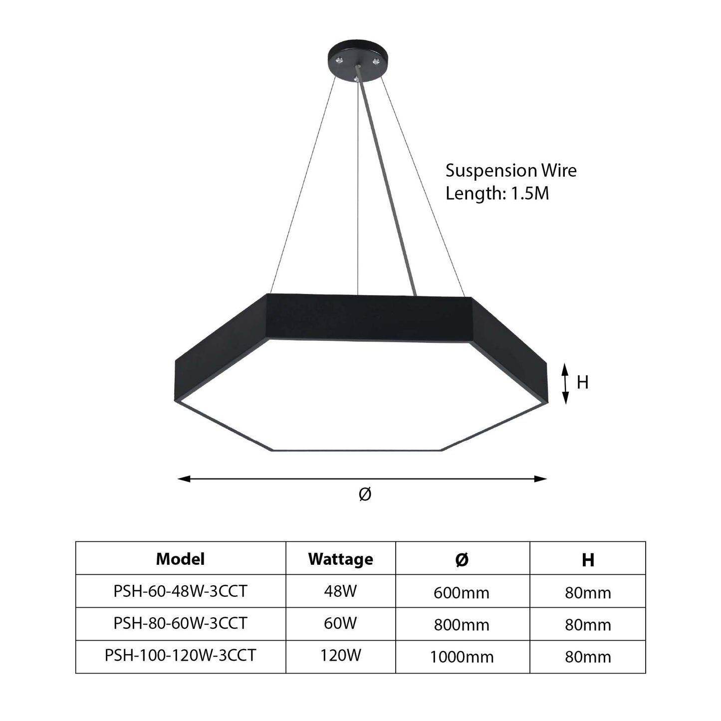  Black LED Hexagon Pendant Light 3CCT
