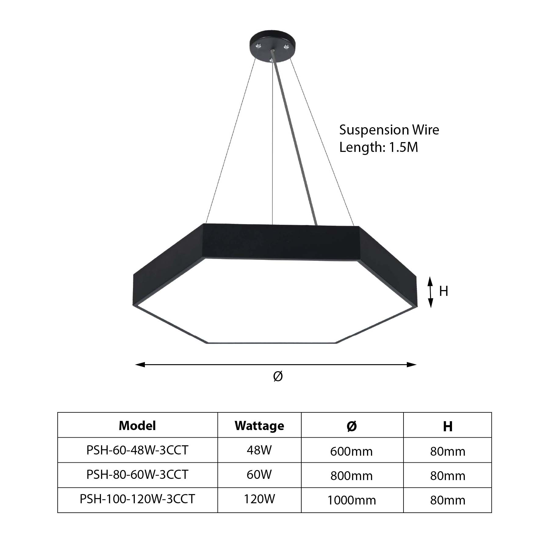  Black LED Hexagon Pendant Light 3CCT