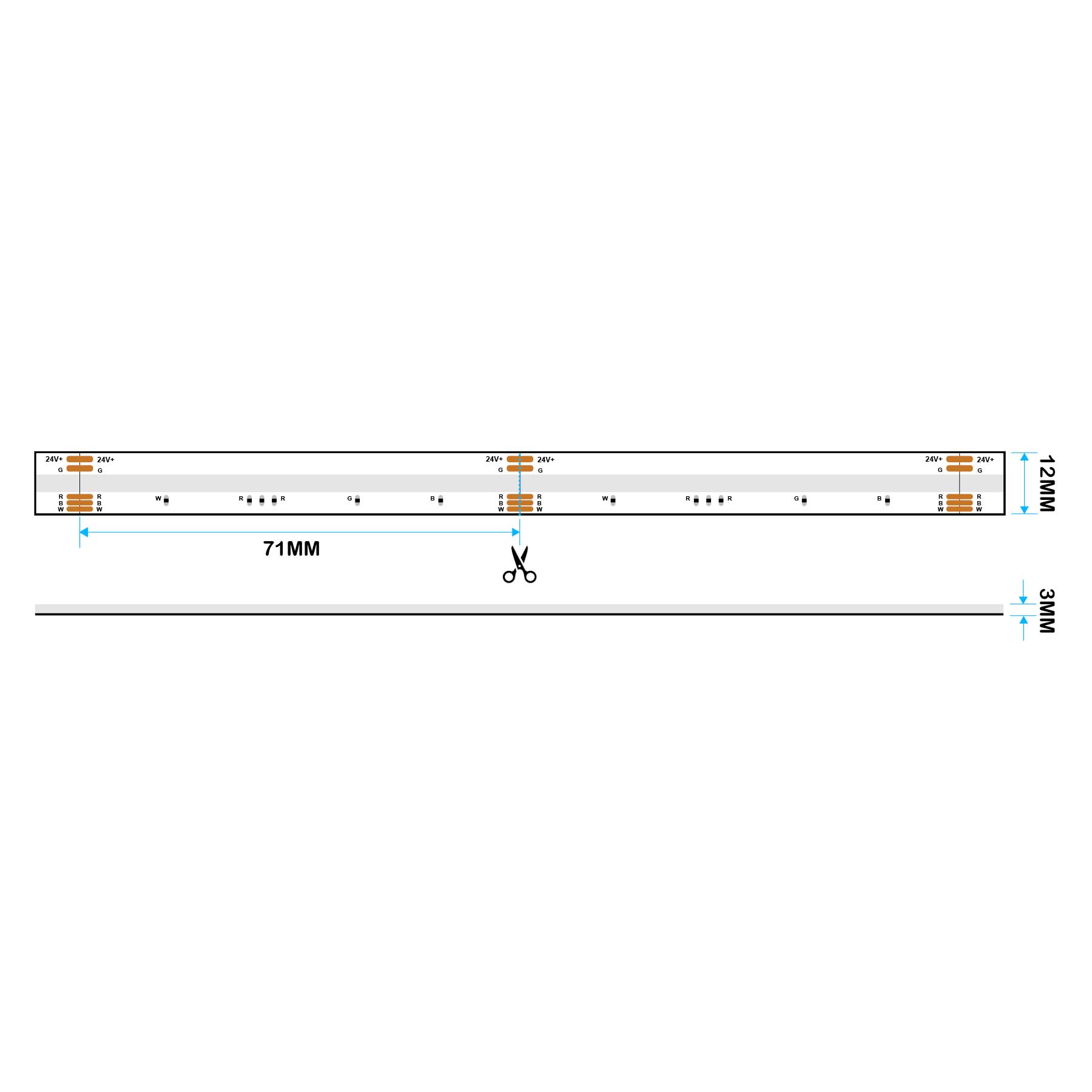  LED COB Strip Light, Seamless, 5M Reel, IP20, 24V, 12mm Wide, RGB+White