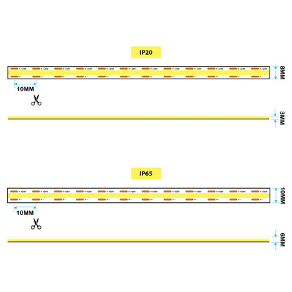  LED COB Strip Light, Seamless, 10M Reel, IP20/IP65, 24V, 1cm/Cut